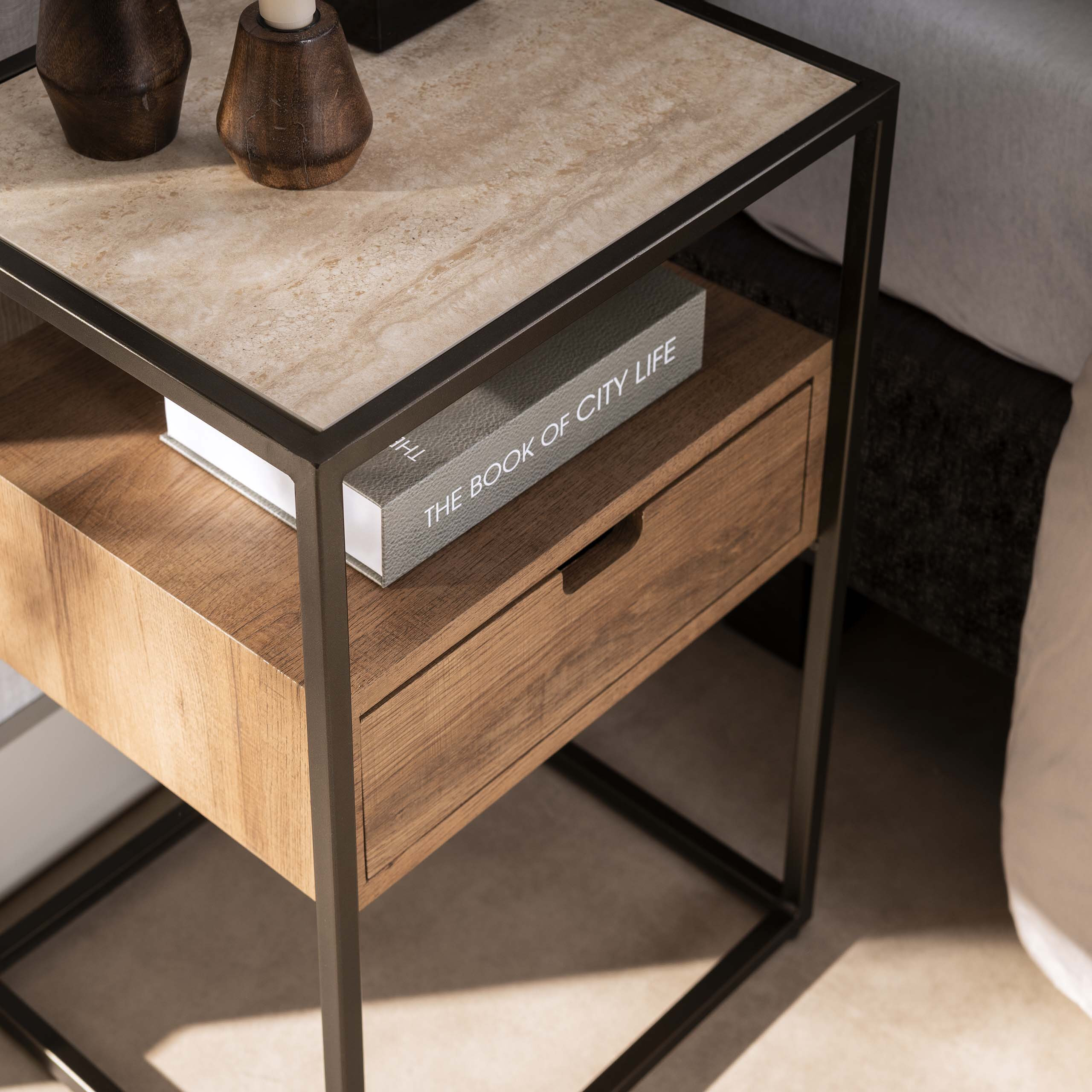 LifestyleFurn Nachtkastje 'Thom' Travertin- en eikenlook, Met 1 lade