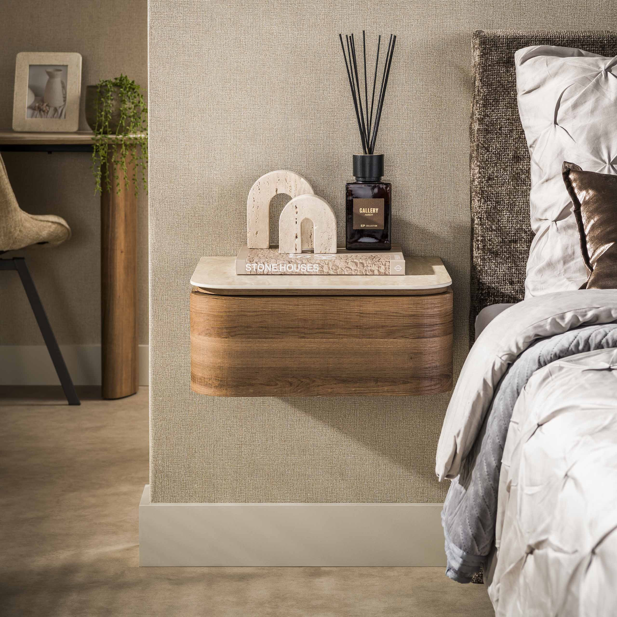 LifestyleFurn Zwevend Nachtkastje 'Nikka' Eikenlook en travertinlook, Met 1 lade