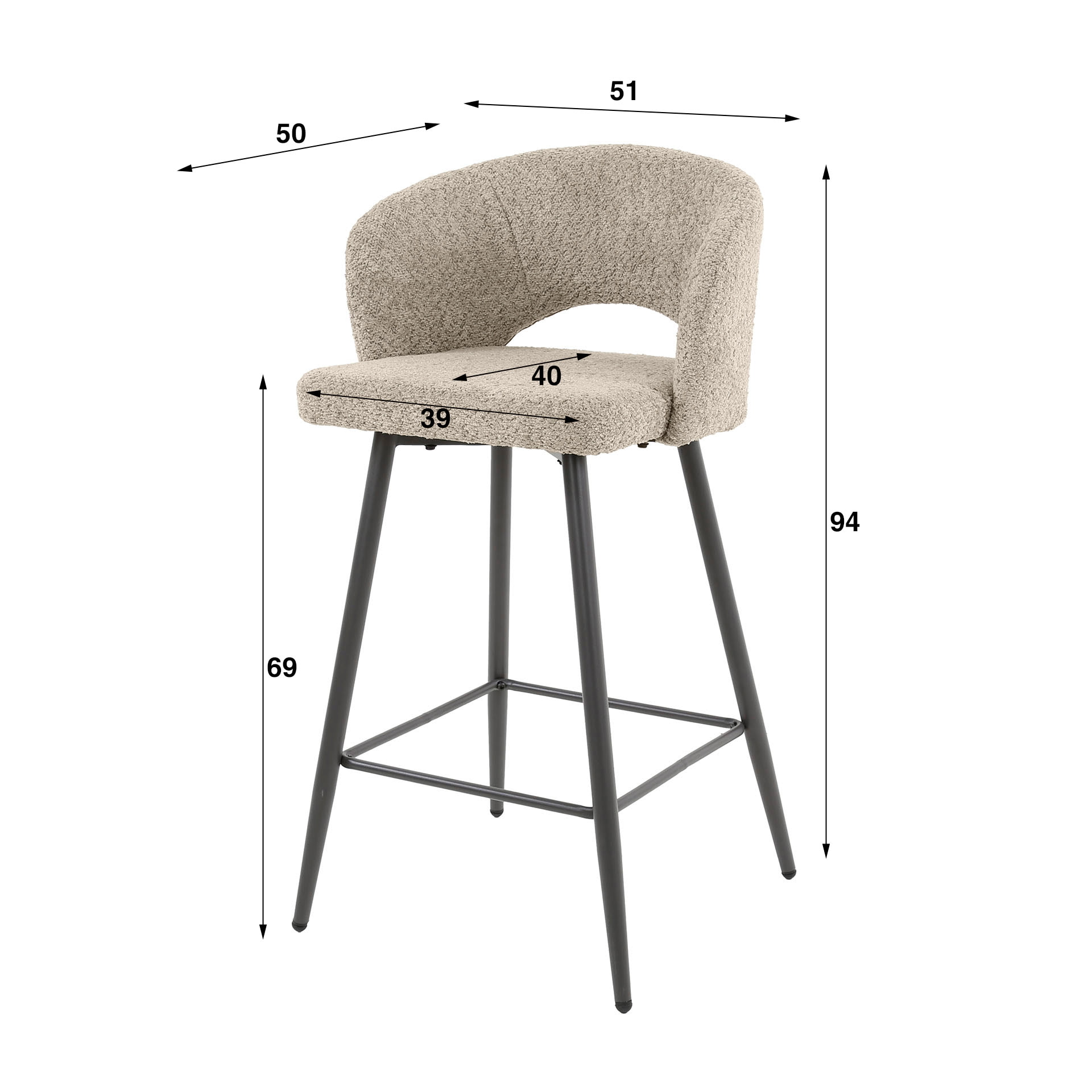 LifestyleFurn Barstoel 'Arnie' Bouclé, kleur Zand (zithoogte 69cm)