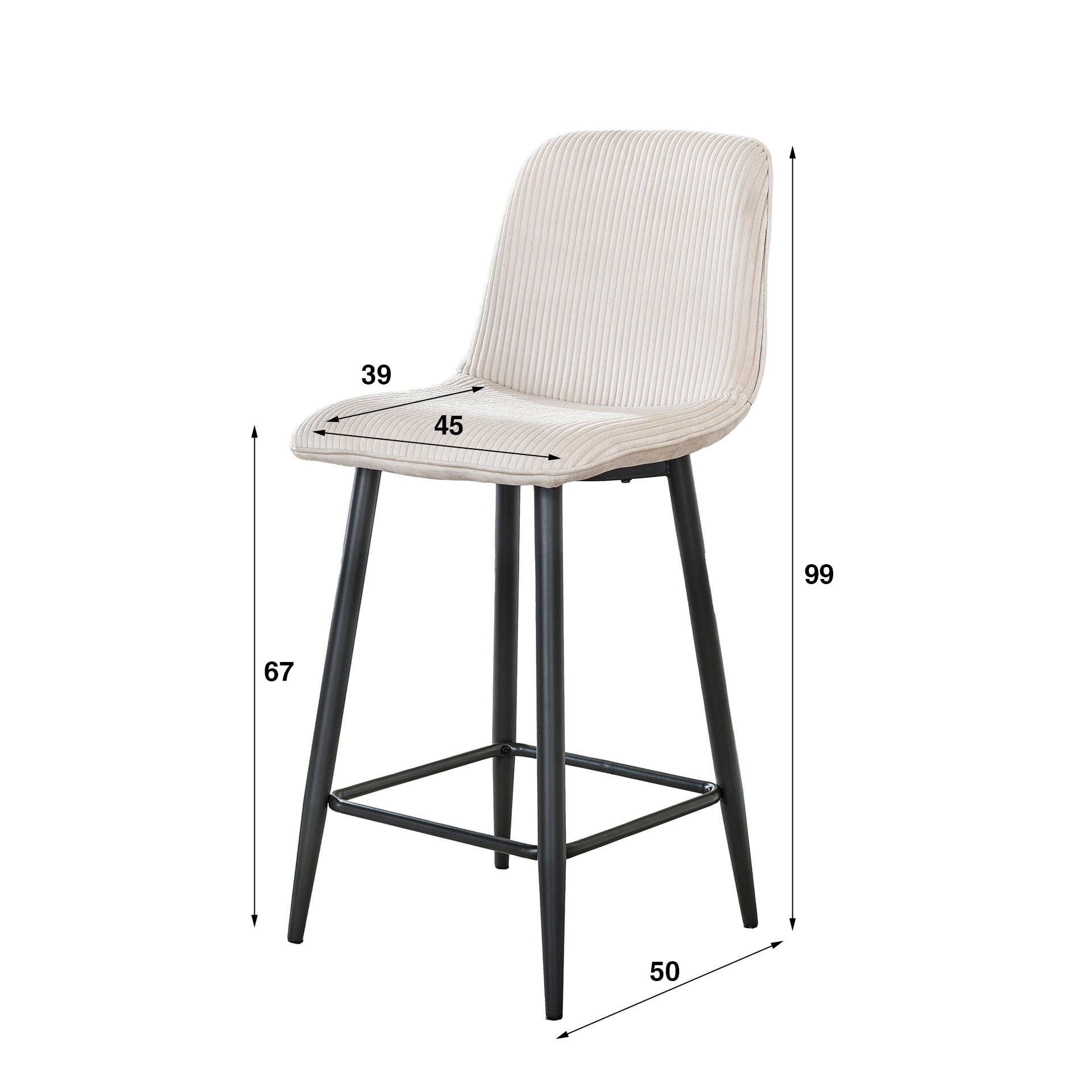 LifestyleFurn Barstoel 'Salim' Rib, kleur Off White (zithoogte 65cm)
