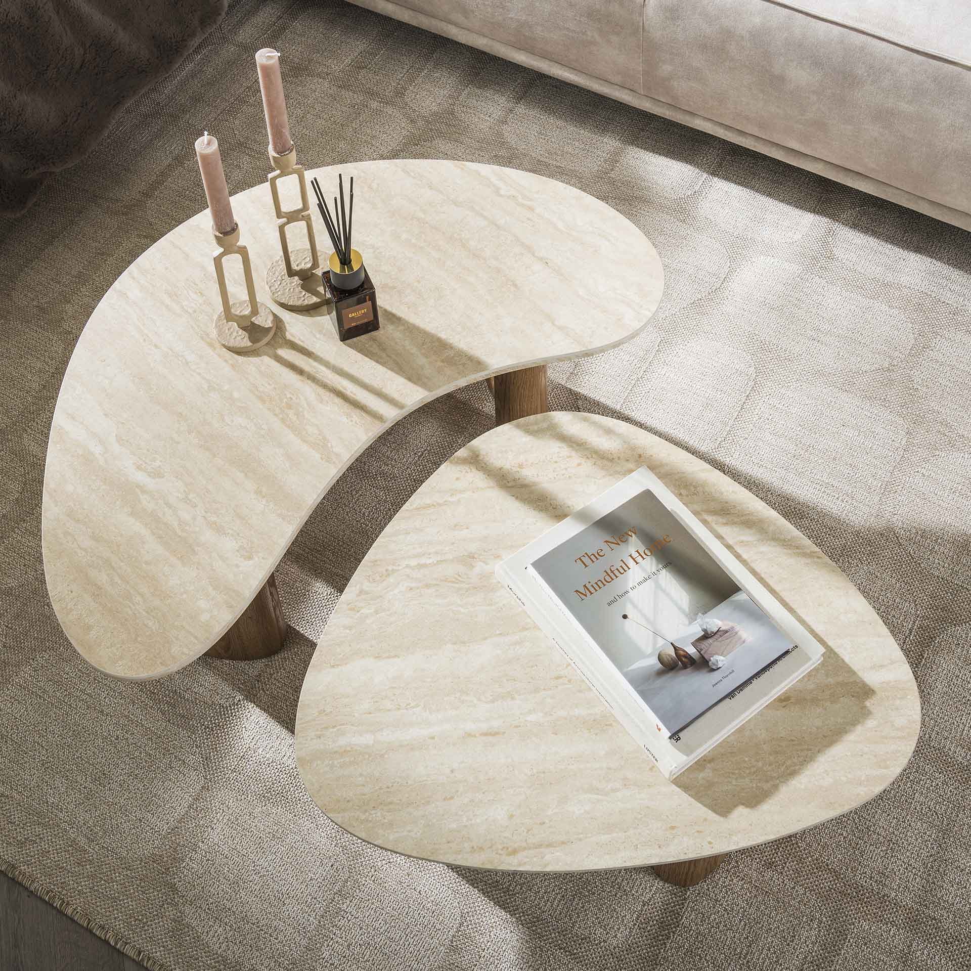 LifestyleFurn Organische Salontafel 'Laycie' Keramiek in Travertin-look, Set van 2 stuks