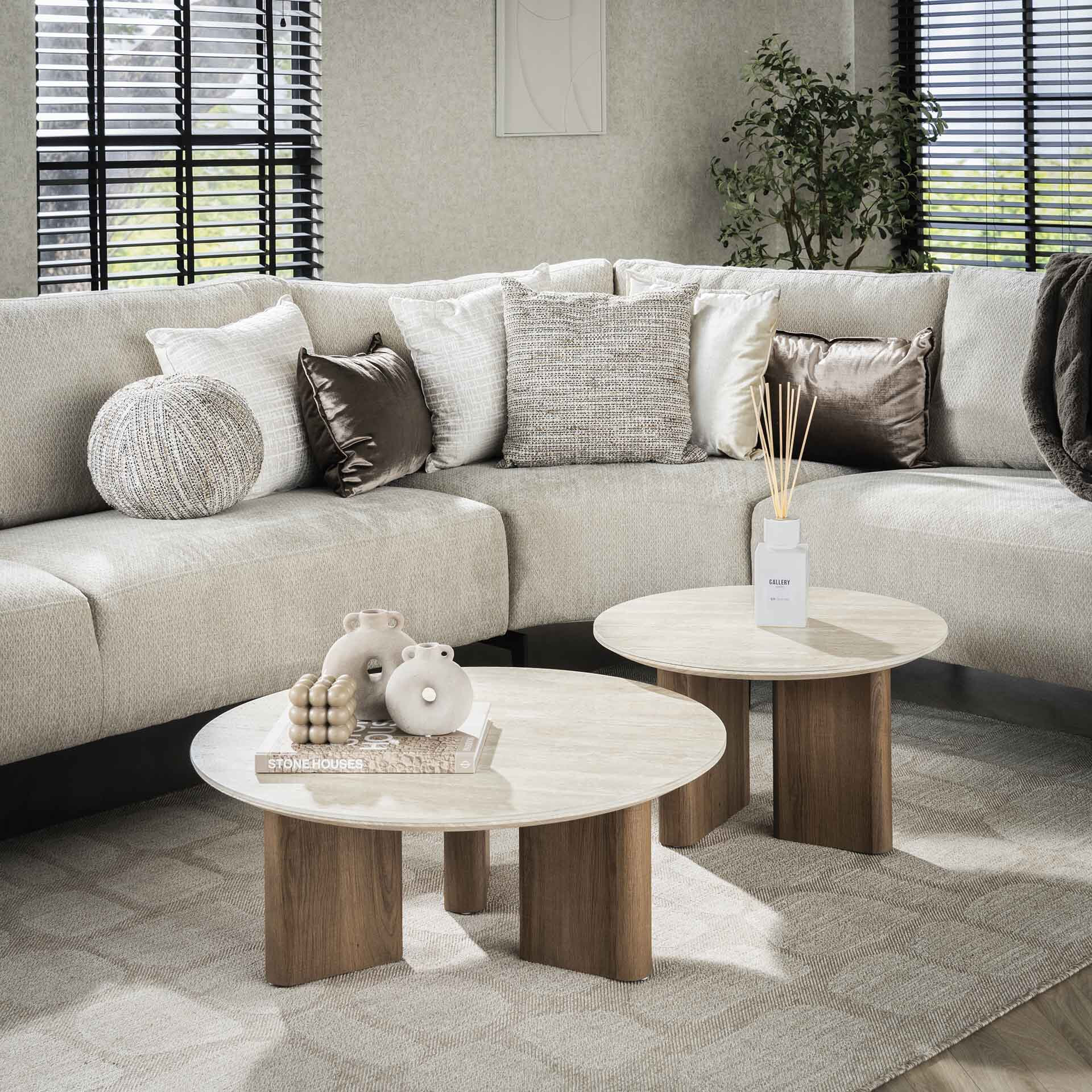 LifestyleFurn Ronde Salontafel Laycie Keramiek in Travertinlook, Set van 2 stuks - Ceramic travertine