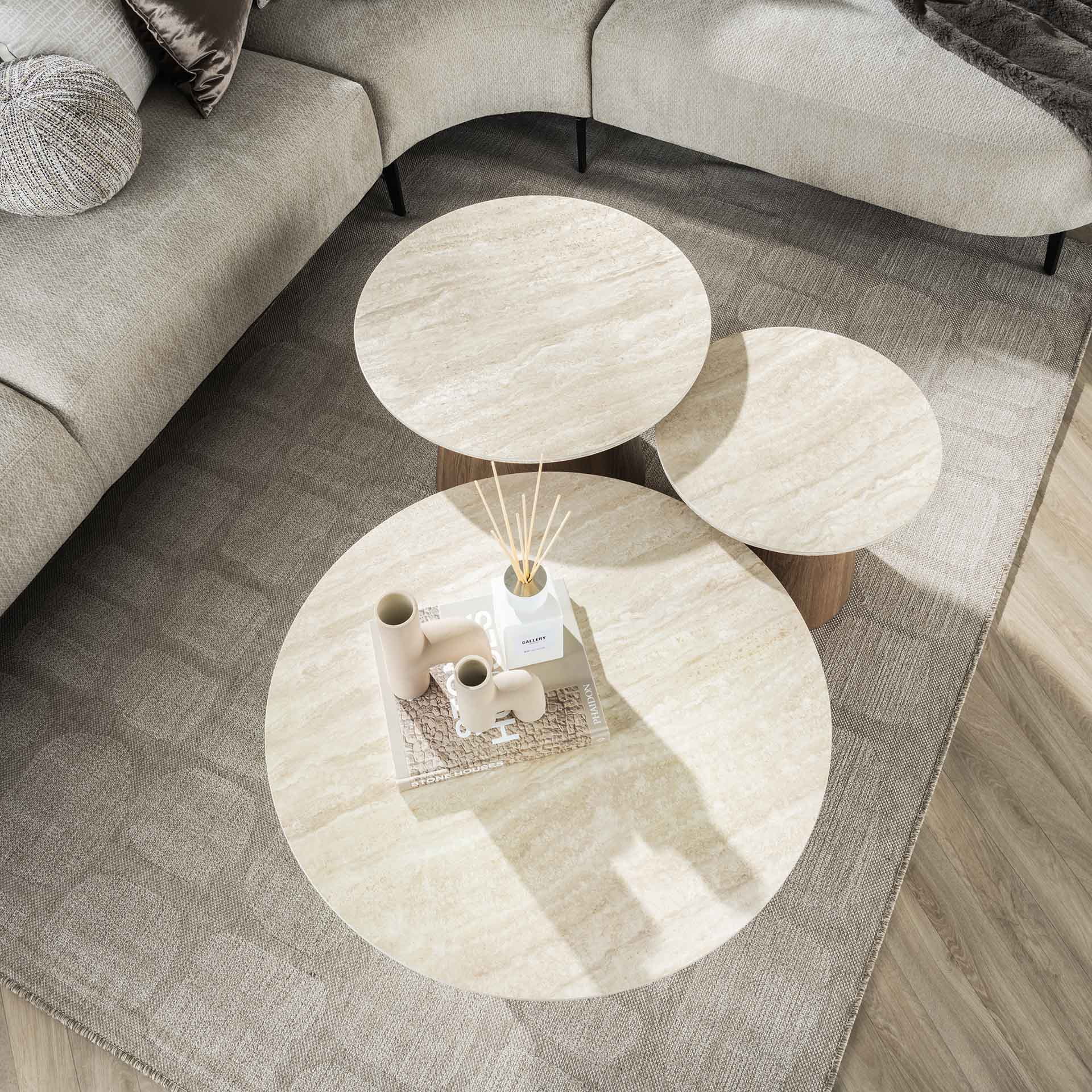 LifestyleFurn Ronde Salontafel 'Laycie' Keramiek in Travertin-look, Set van 3 stuks