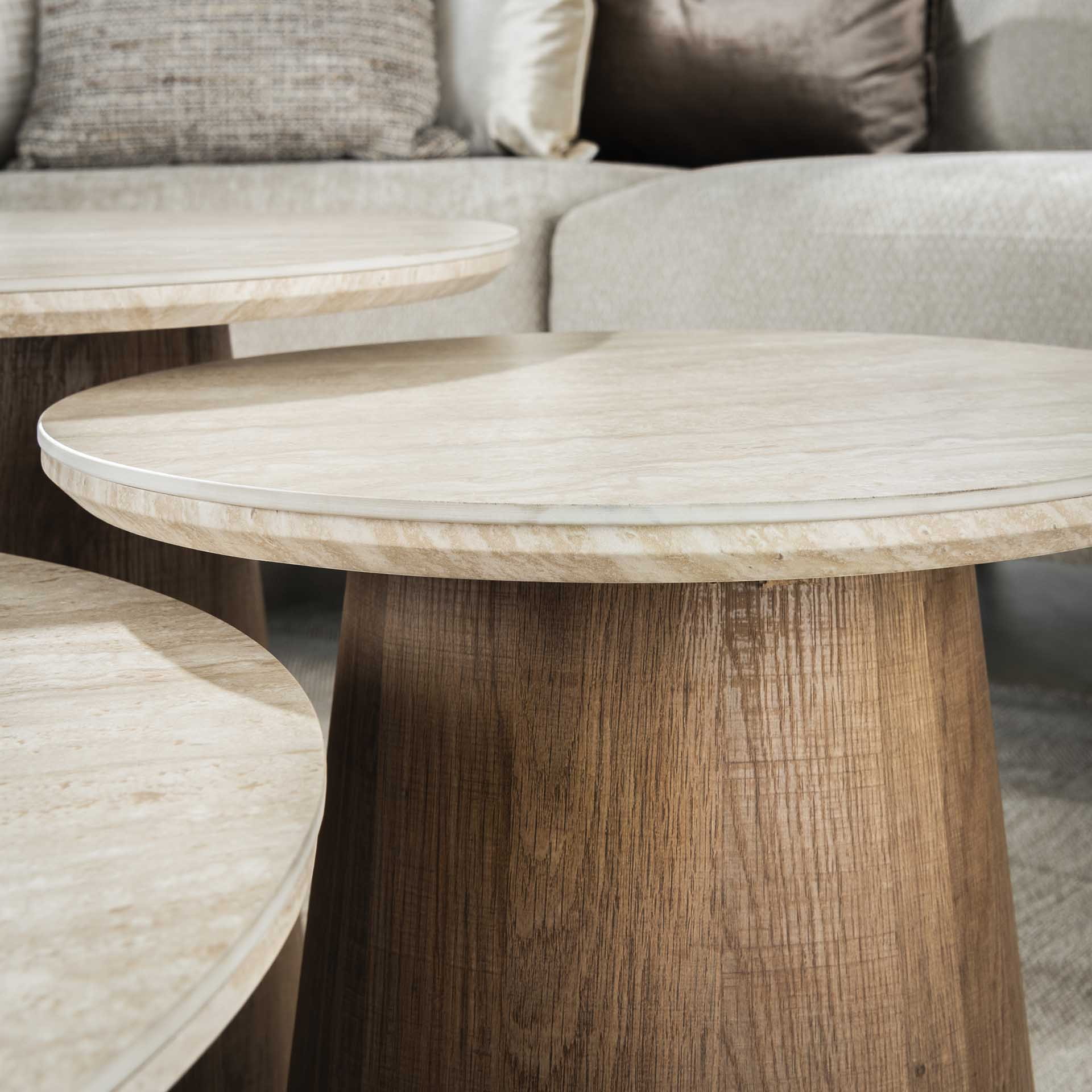 LifestyleFurn Ronde Salontafel 'Laycie' Keramiek in Travertin-look, Set van 3 stuks