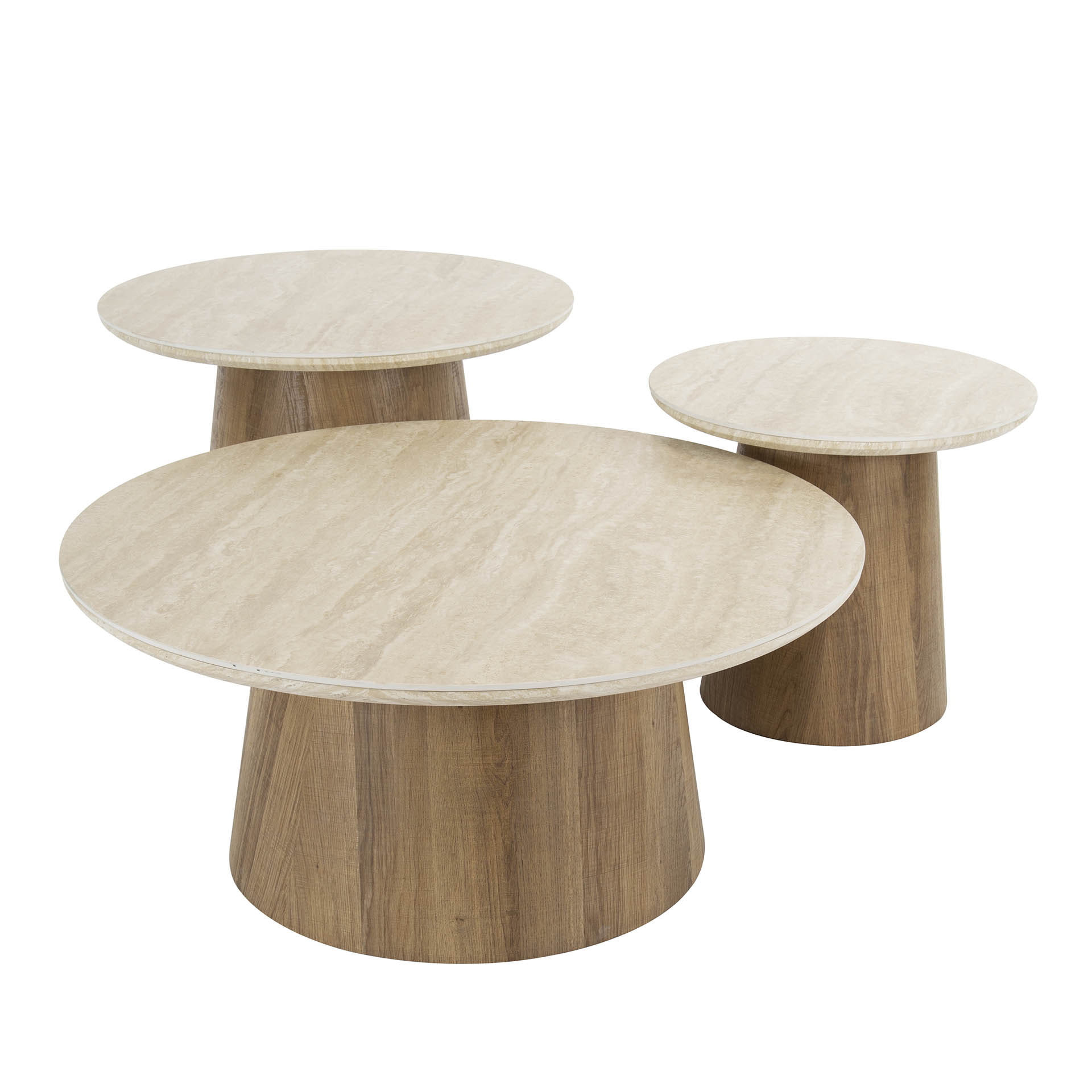 LifestyleFurn Ronde Salontafel 'Laycie' Keramiek in Travertin-look, Set van 3 stuks