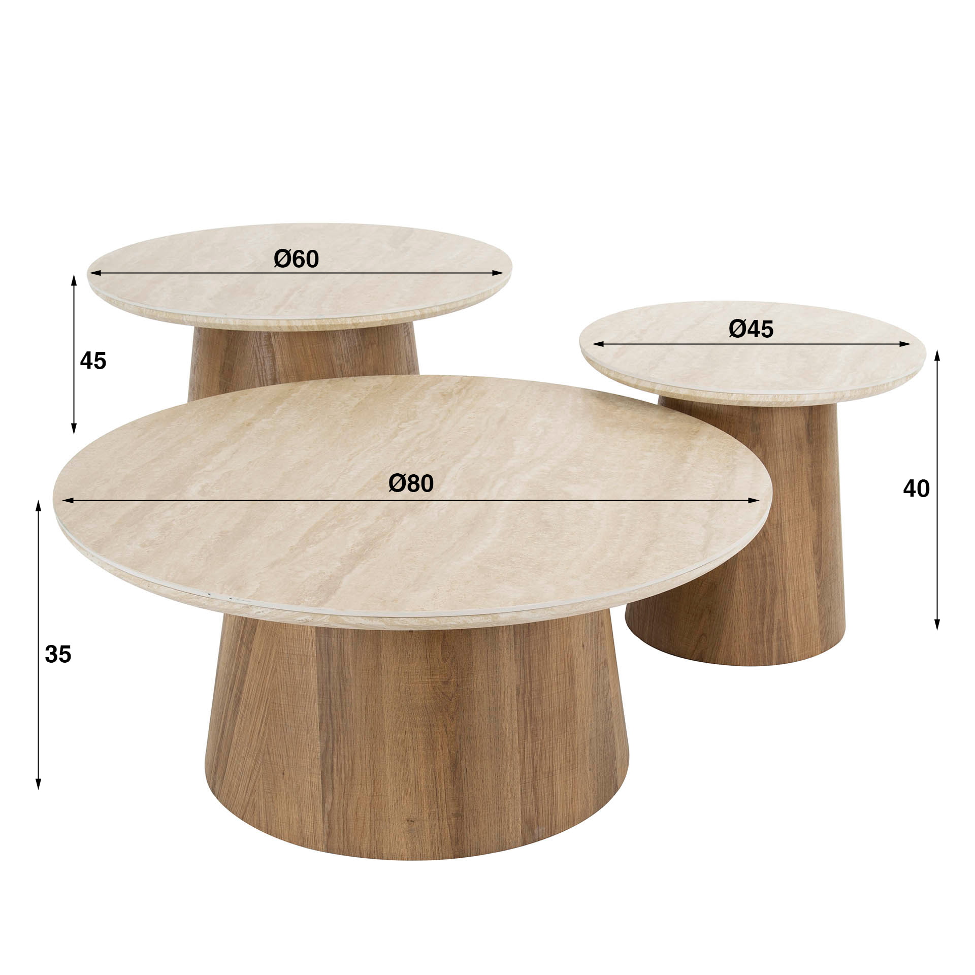 LifestyleFurn Ronde Salontafel 'Laycie' Keramiek in Travertin-look, Set van 3 stuks