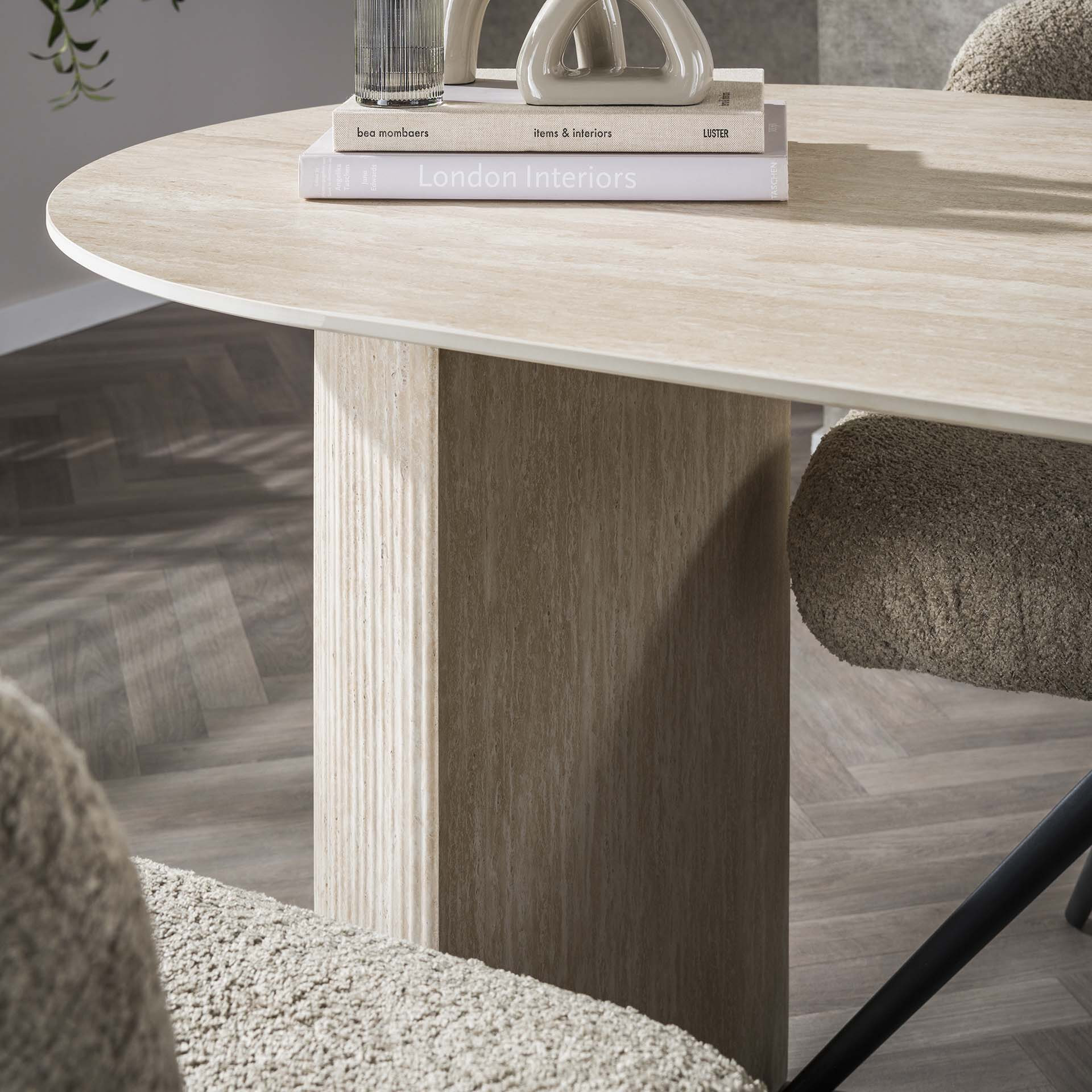 LifestyleFurn Ovale Eettafel 'Ciarra' Keramiek in Travertin-look, 180 x 90cm
