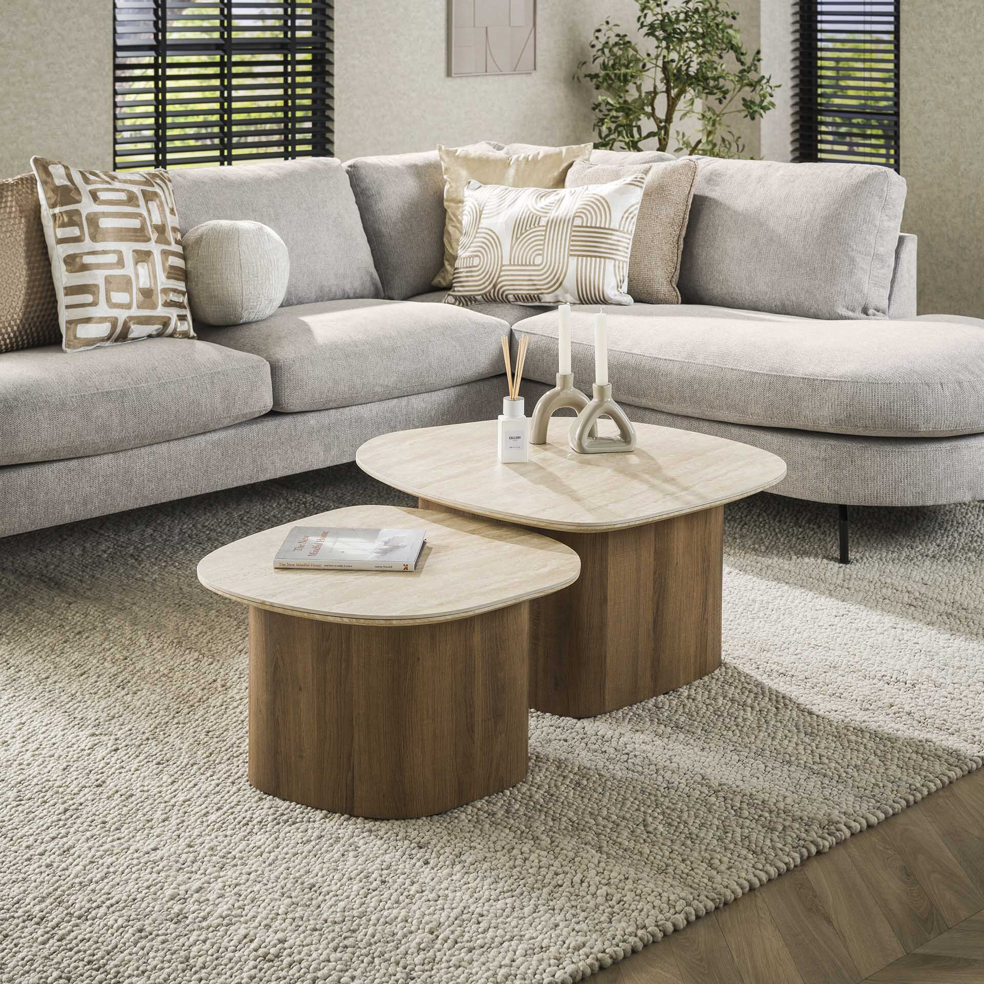 LifestyleFurn Organische Salontafel Laycie Keramiek in Travertinlook, Set van 2 stuks - Ceramic Travertine