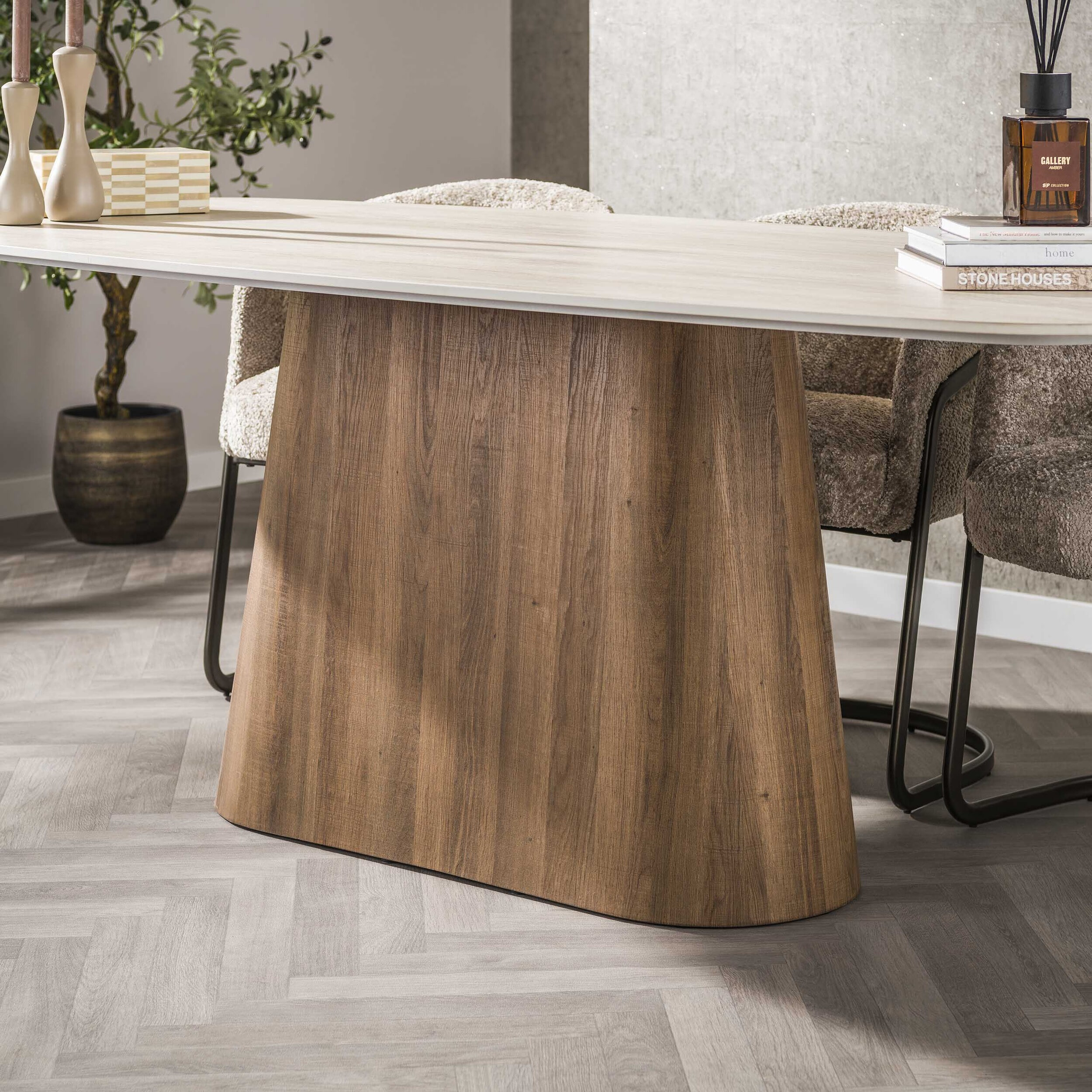 LifestyleFurn Deens Ovale Eettafel 'Laycie' Keramiek in Travertin-look, 215 x 105cm
