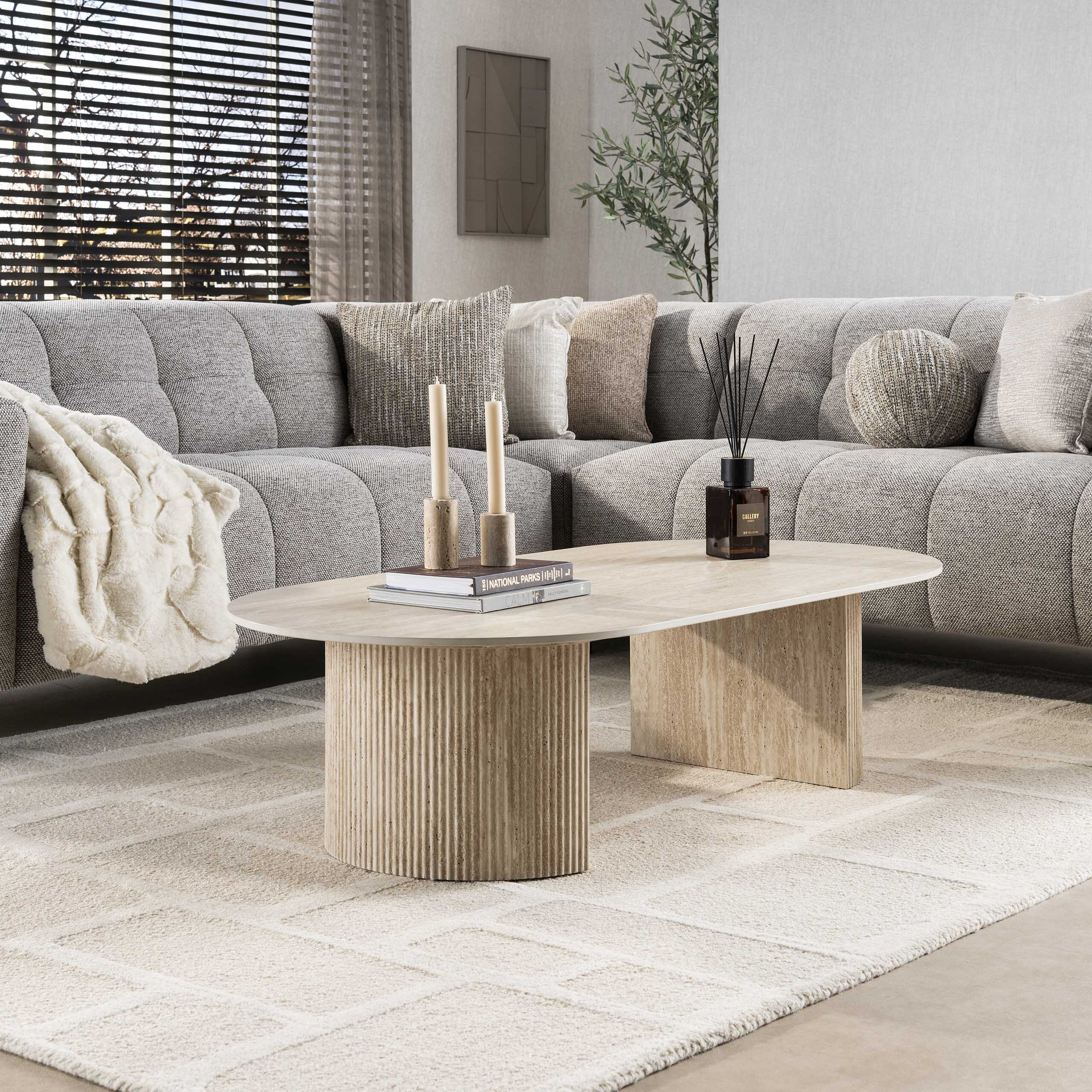 LifestyleFurn Ovale Salontafel 'Laycie' Keramiek in Travertin-look, 135 x 70cm