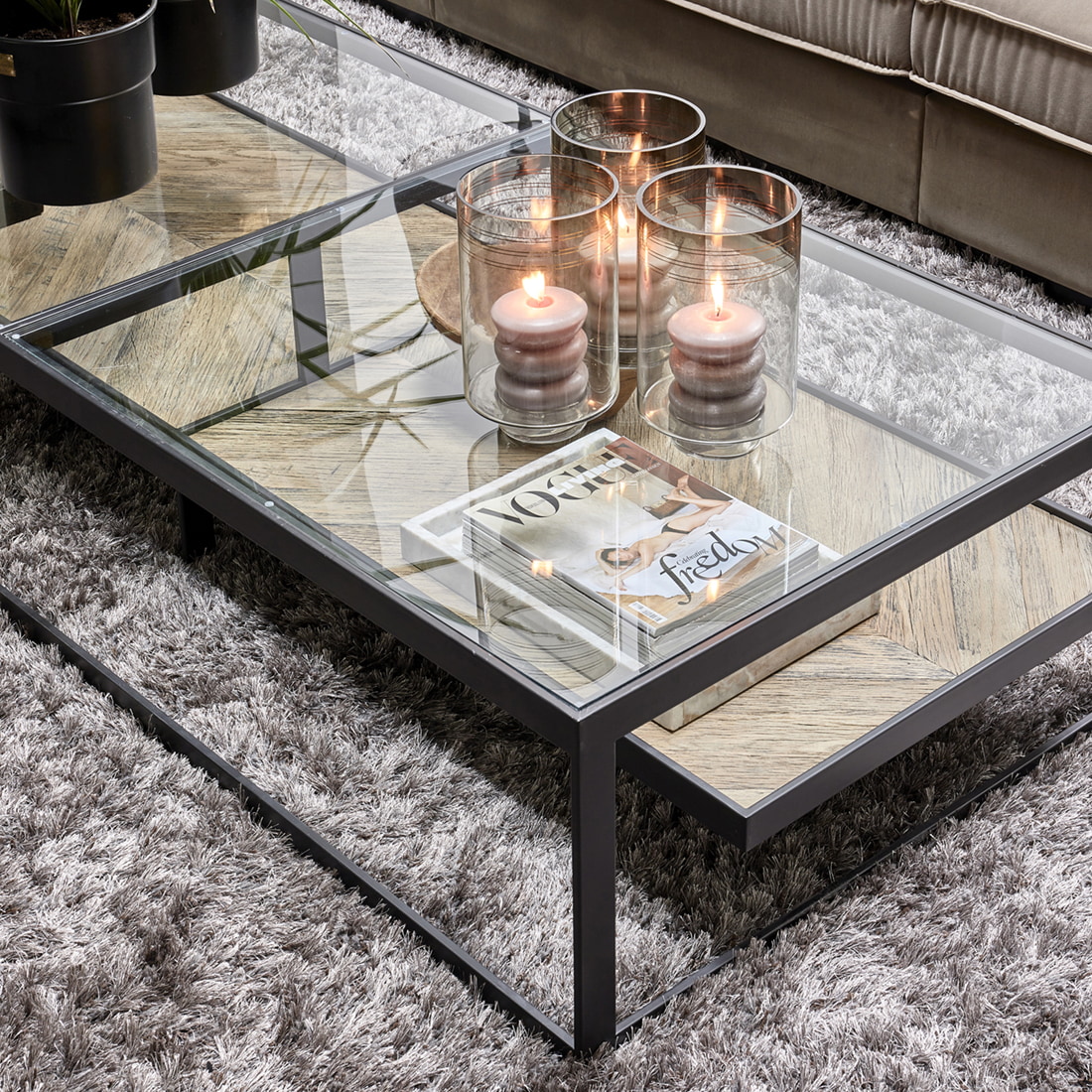 Rivièra Maison Salontafel 'Graydon' Essenhout en Glas, 180 x 80cm