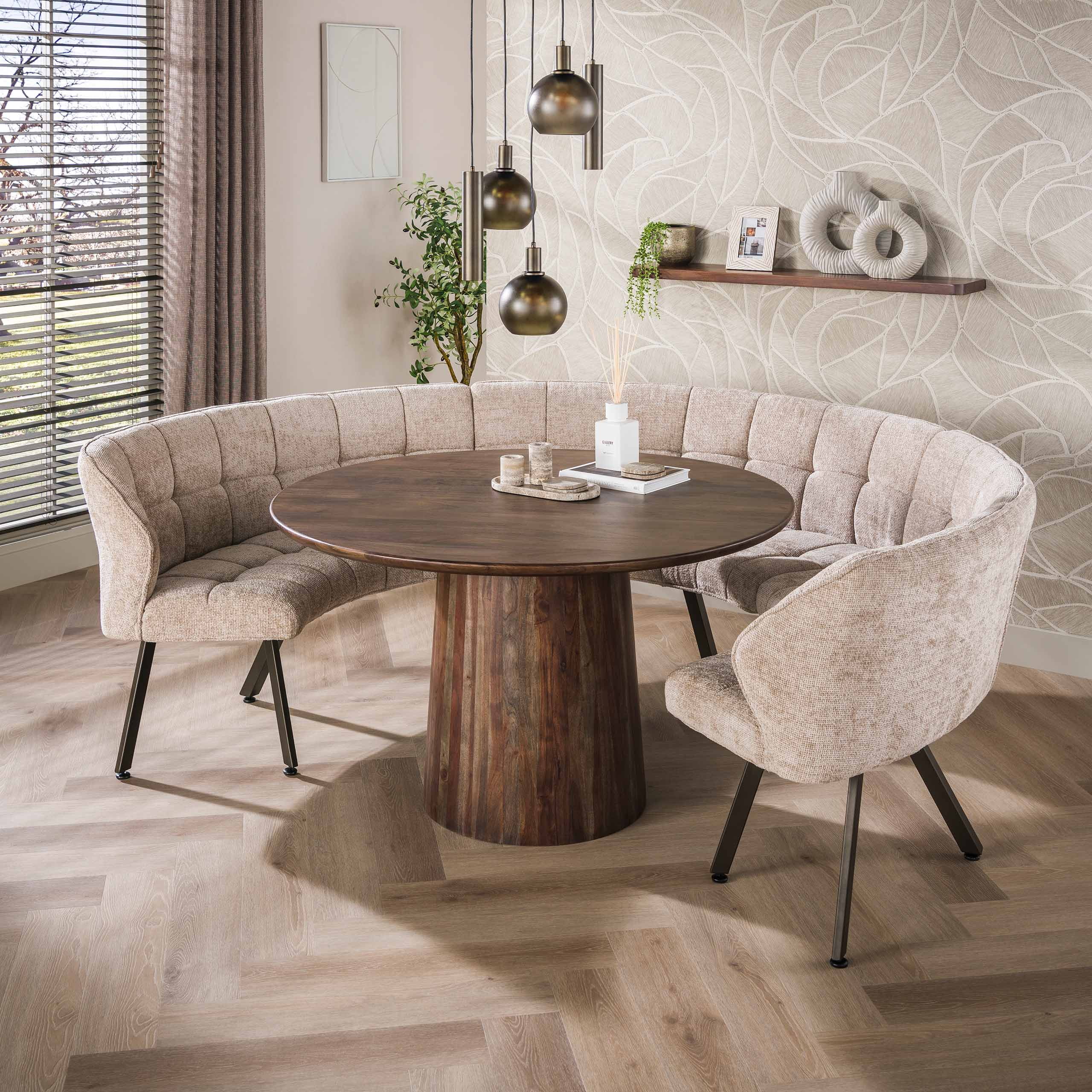LifestyleFurn Ronde Eetkamerbank Thandie 3-delig, Hoven stof - Zand/Bruin