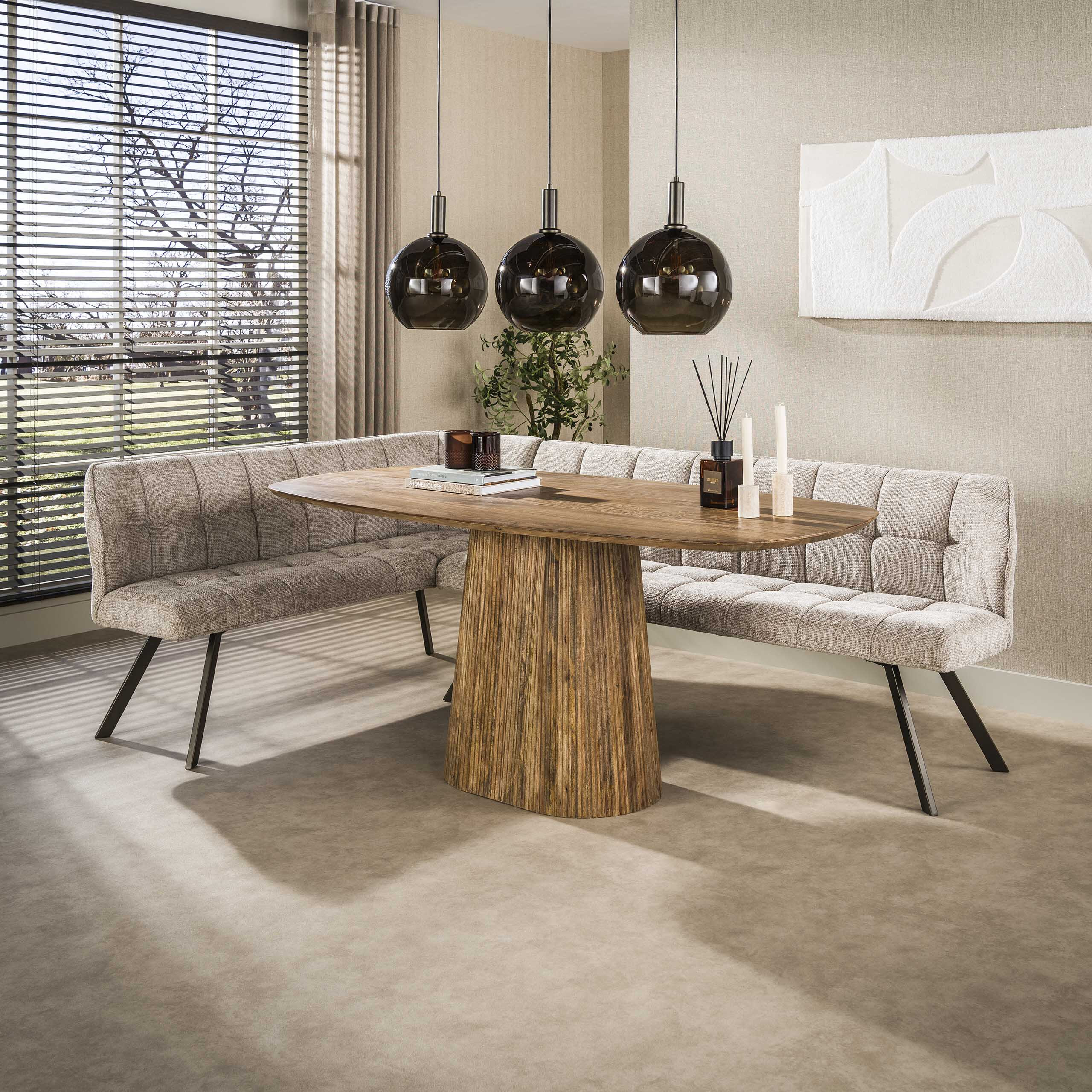 LifestyleFurn Eetkamerbank 'Thandie' Hoven stof, Links, kleur Zand/Bruin