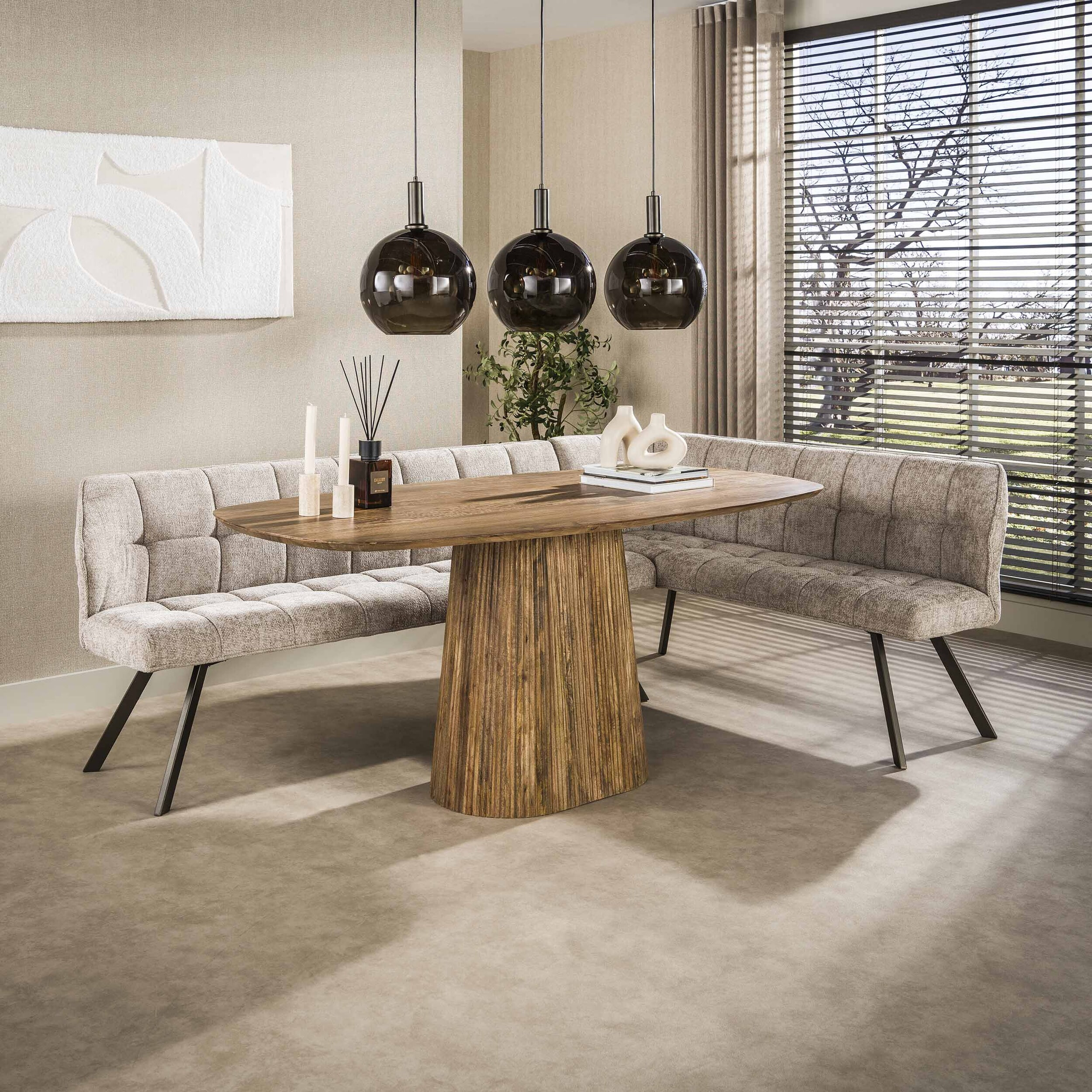 LifestyleFurn Eetkamerbank 'Thandie' Hoven stof, Rechts, kleur Zand/Bruin