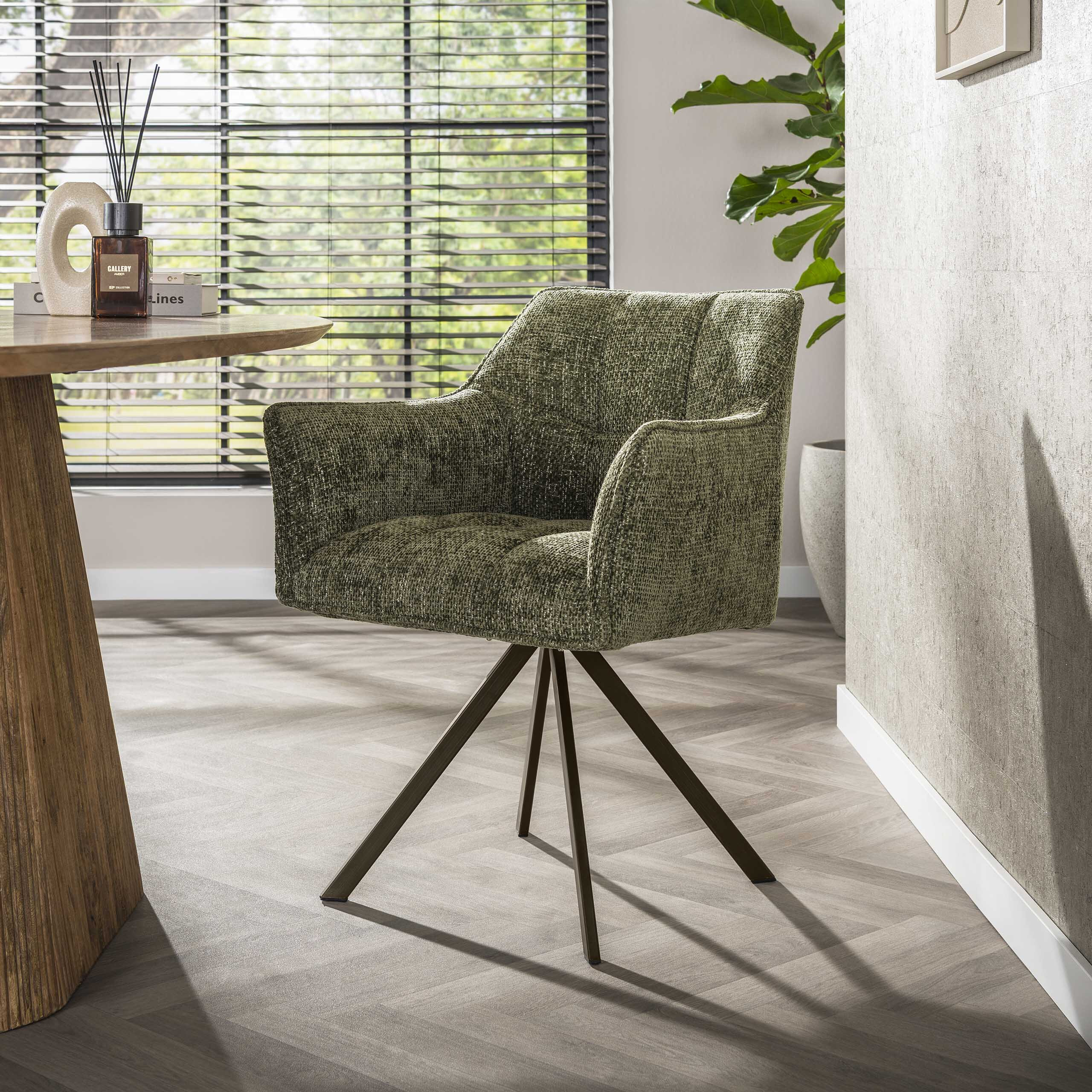 LifestyleFurn Draaibare Eetkamerstoel Thandie Hoven stof en bruin staal - Groen