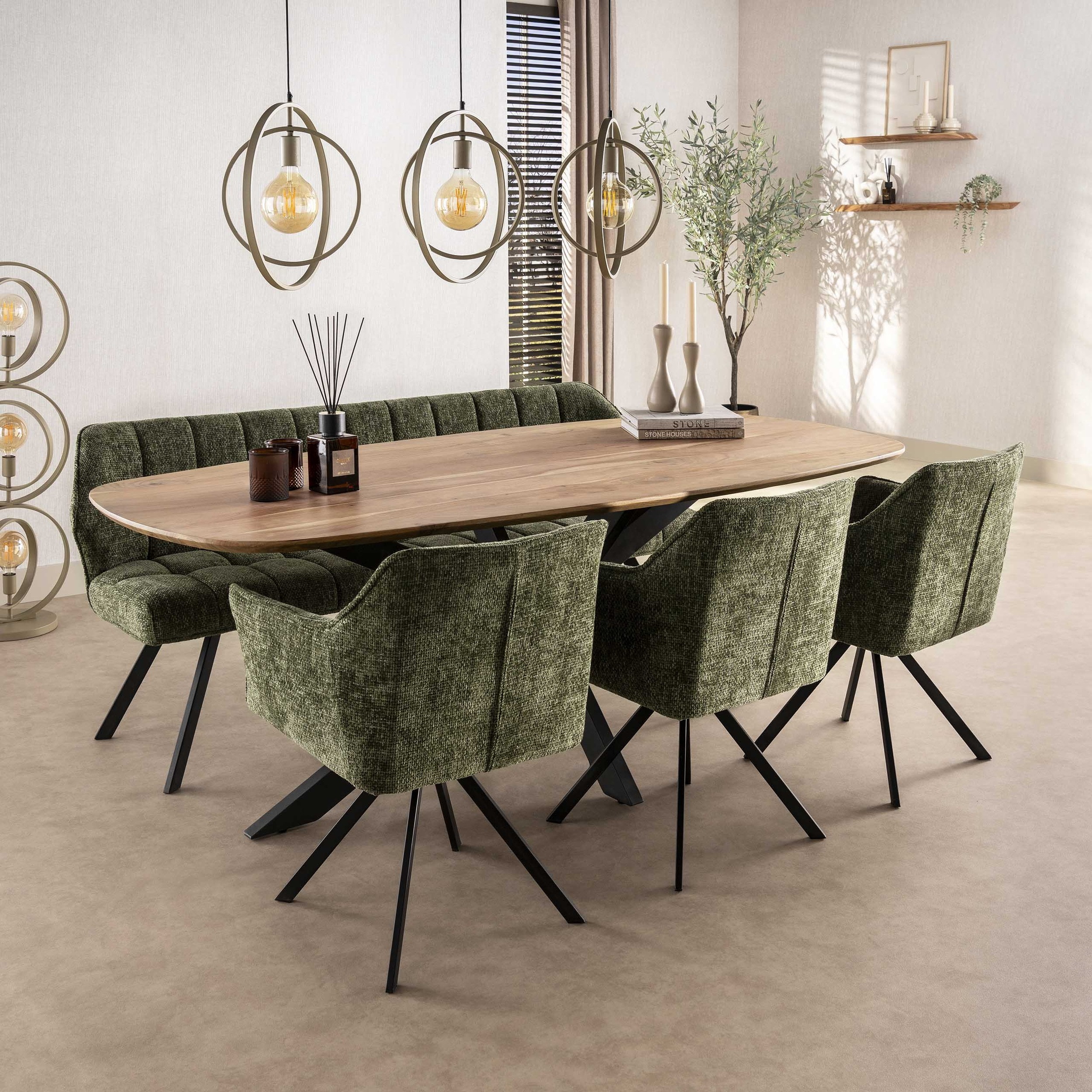 LifestyleFurn Eetkamerbank 'Thandie' Hoven stof, 180cm, kleur Groen