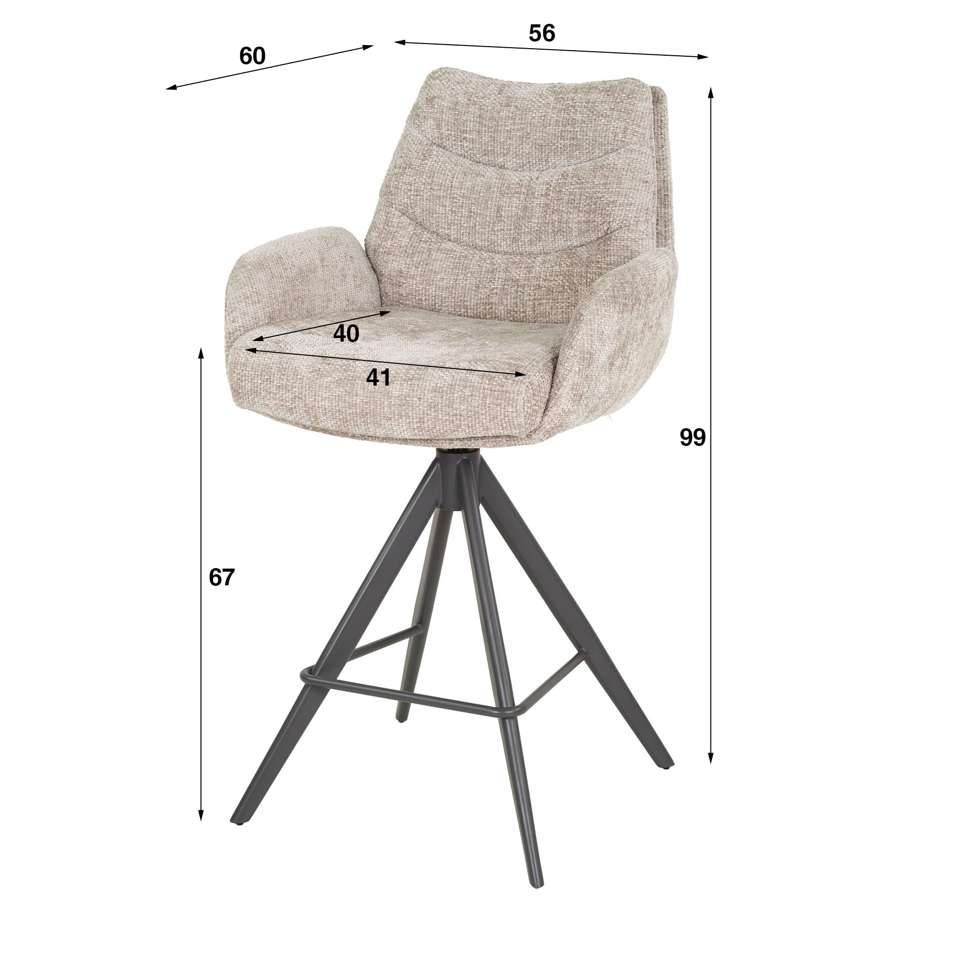 LifestyleFurn Draaibare Barstoel 'Kristee' Chenille, kleur Zand (zithoogte 67cm)