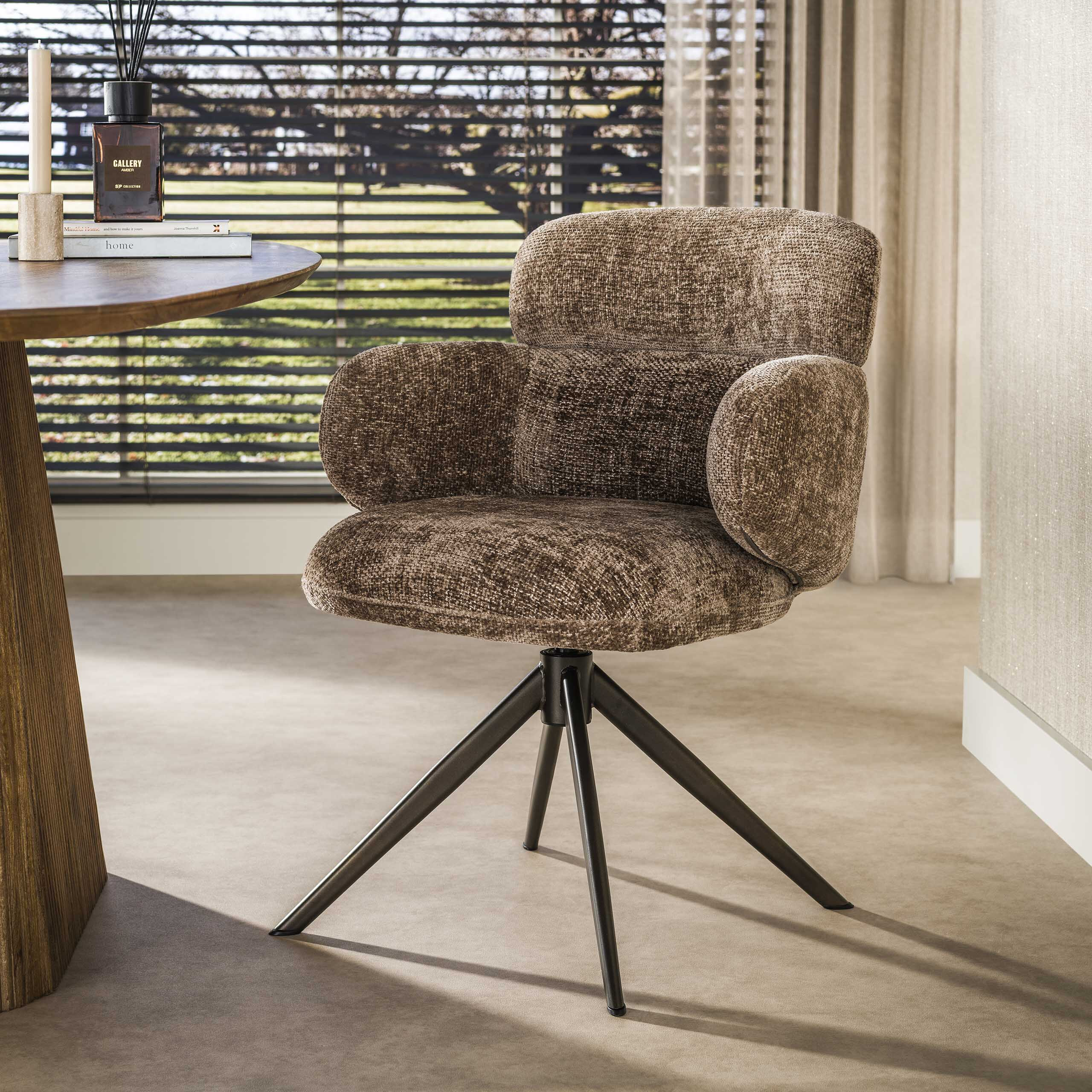 LifestyleFurn Draaibare Eetkamerstoel Kerek Hoven stof en bruin staal - Champagne