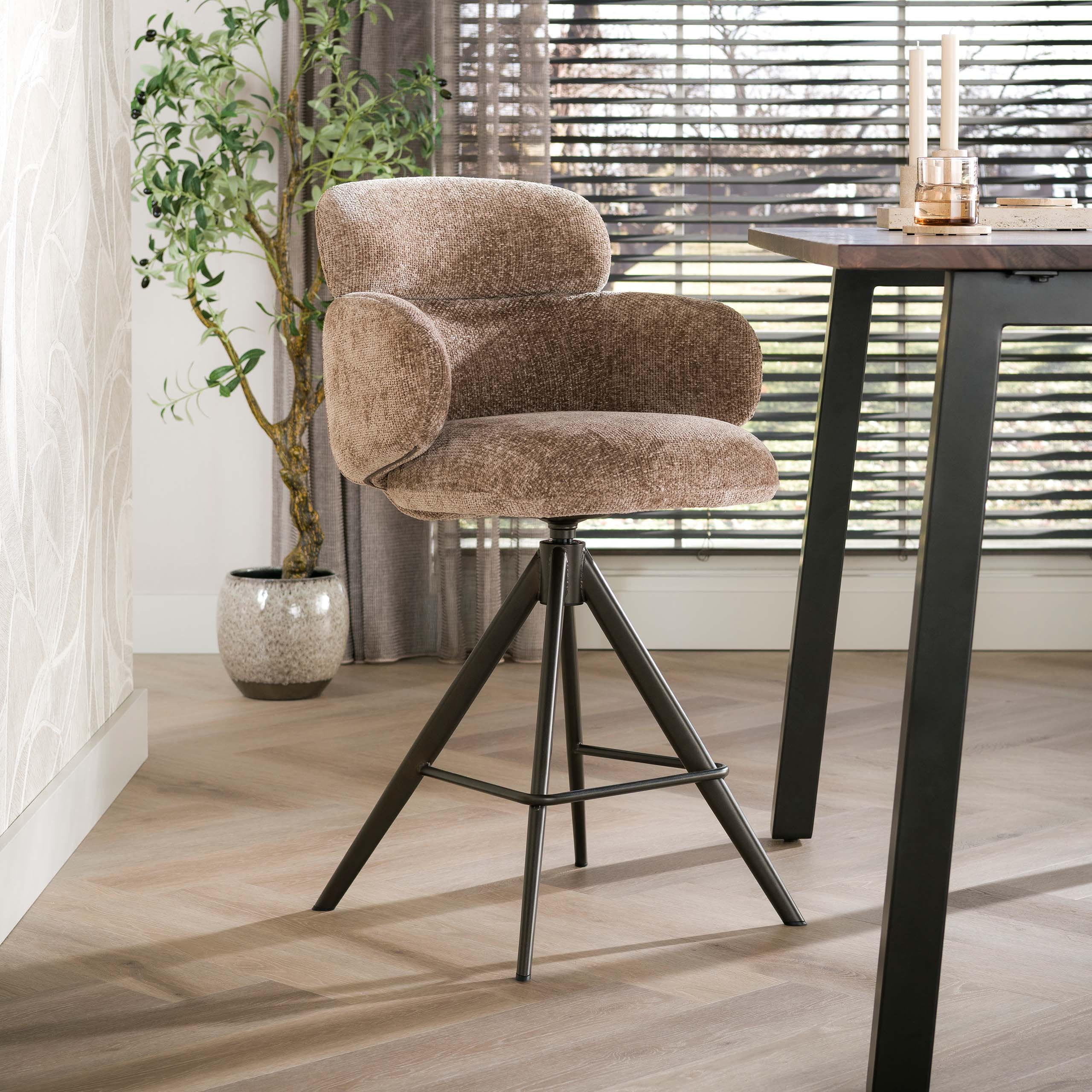 LifestyleFurn Draaibare Barstoel Kerek Hoven stof en bruin staal - Champagne (zithoogte 67cm)