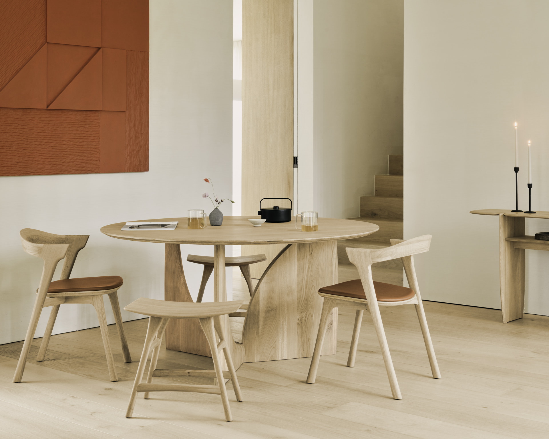 Ethnicraft Ronde Eettafel 'Geometric' Geolied Eikenhout, 150cm, kleur Naturel