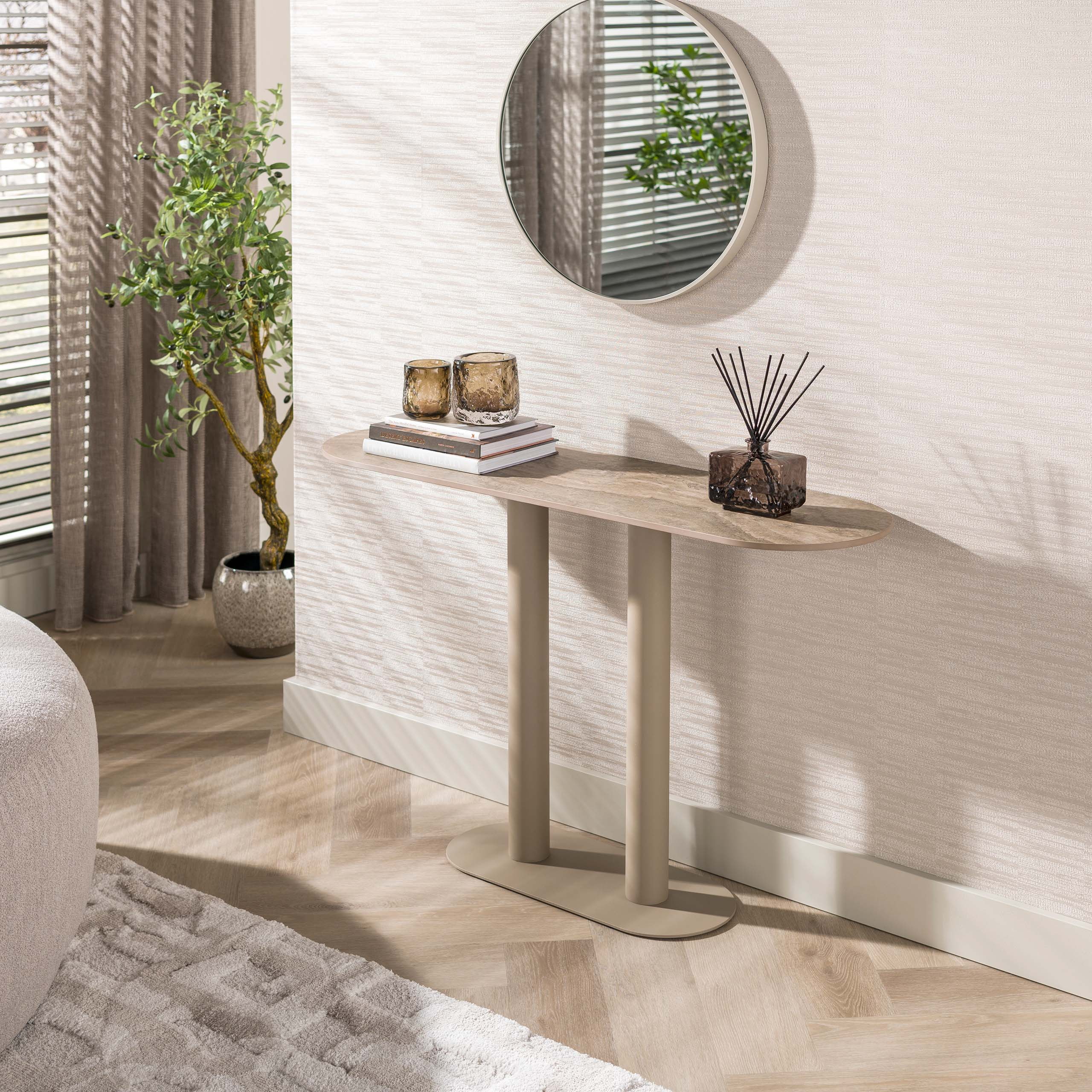 LifestyleFurn Sidetable Atif Keramiek in travertinlook, 120cm - Beige - Ovaal