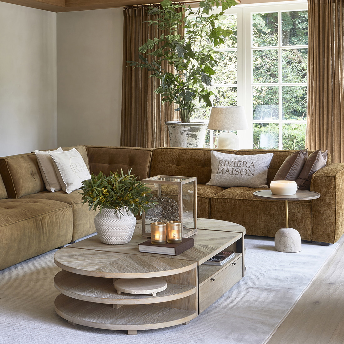 Rivièra Maison Salontafel 'Malibu' Travertin en mangohout, 55cm