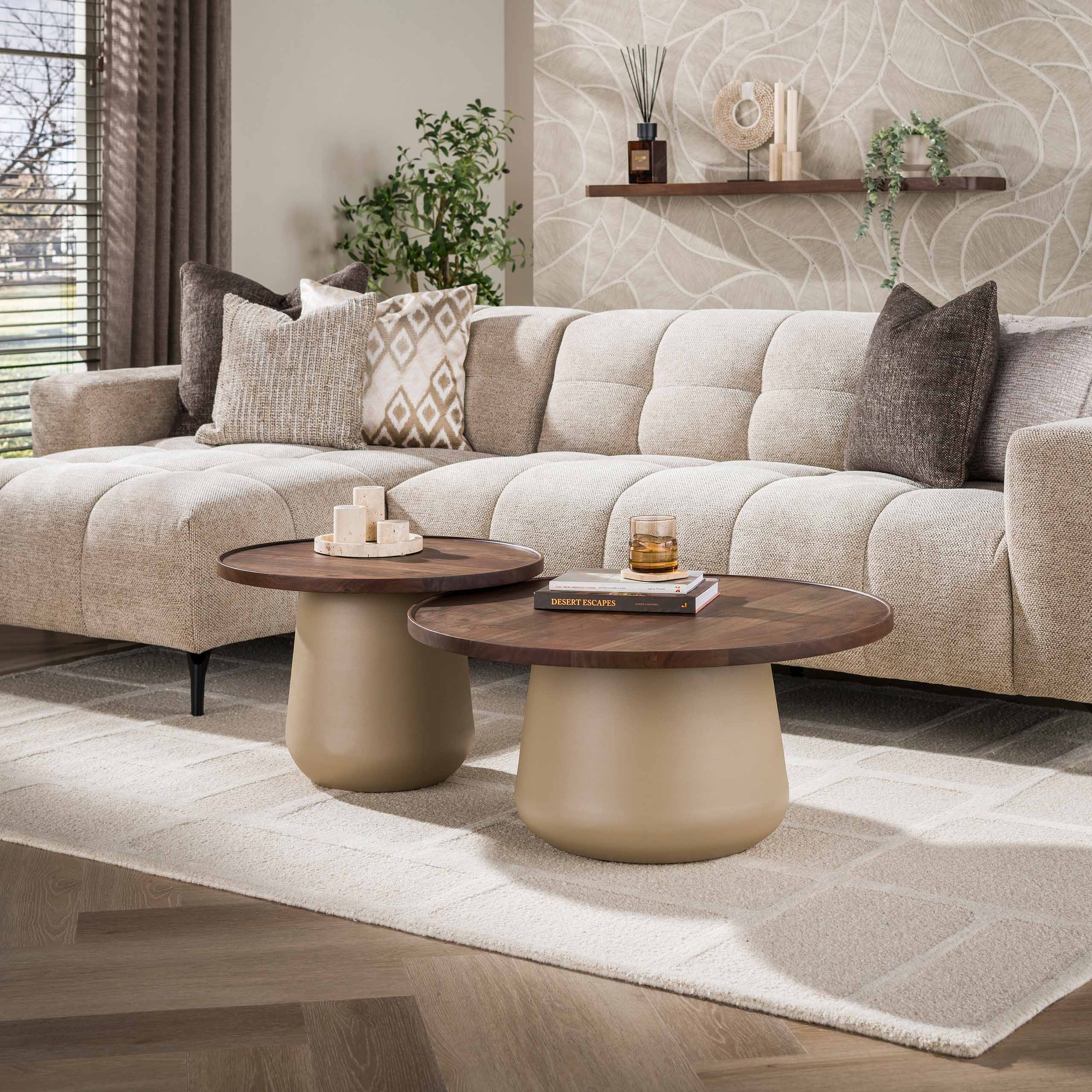 LifestyleFurn Ronde Salontafel Abagail Acaciahout en beige metaal, Set van 2 stuks - Bruin