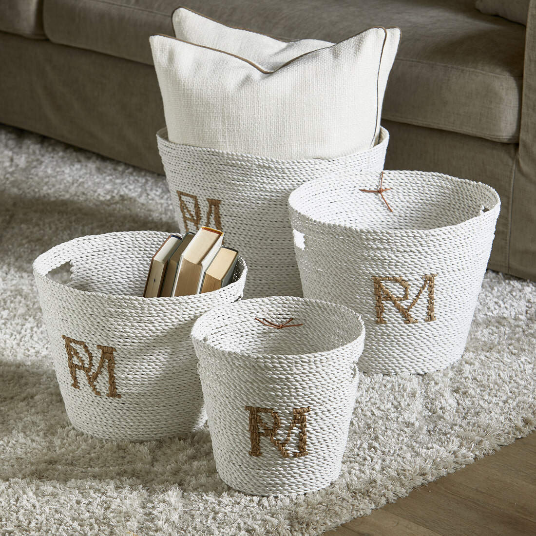 Rivièra Maison Mand RM Monogram Raffia, Set van 4 stuks - Wit