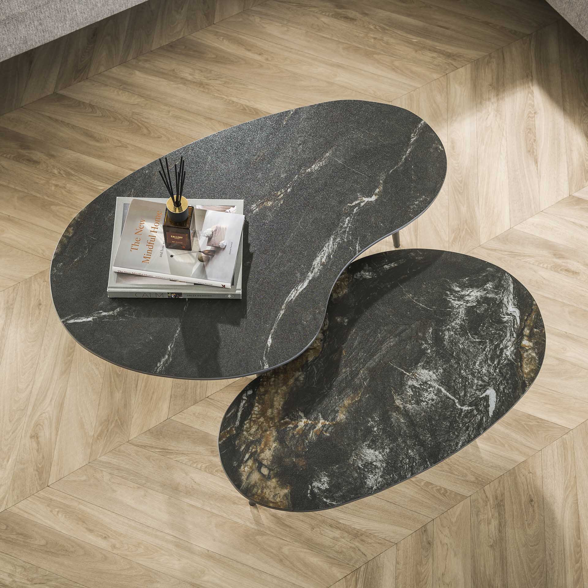 LifestyleFurn Organische Salontafel Antar Niervormig, Keramiek, Set van 2 stuks - Ceramic fossil black
