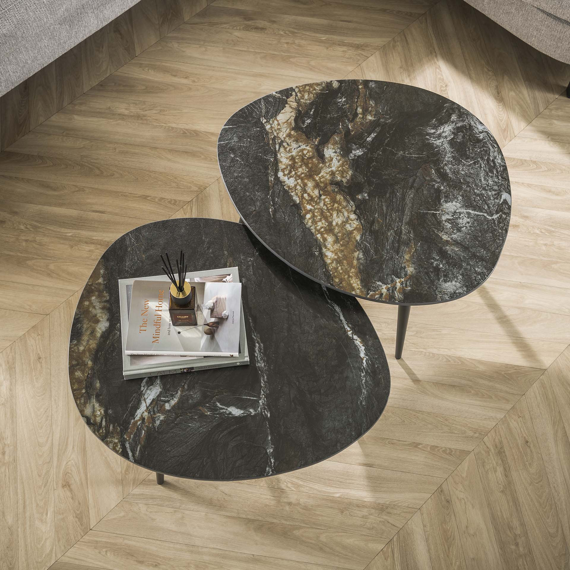LifestyleFurn Organische Salontafel Antar Keramiek, Set van 2 stuks - Ceramic fossil black