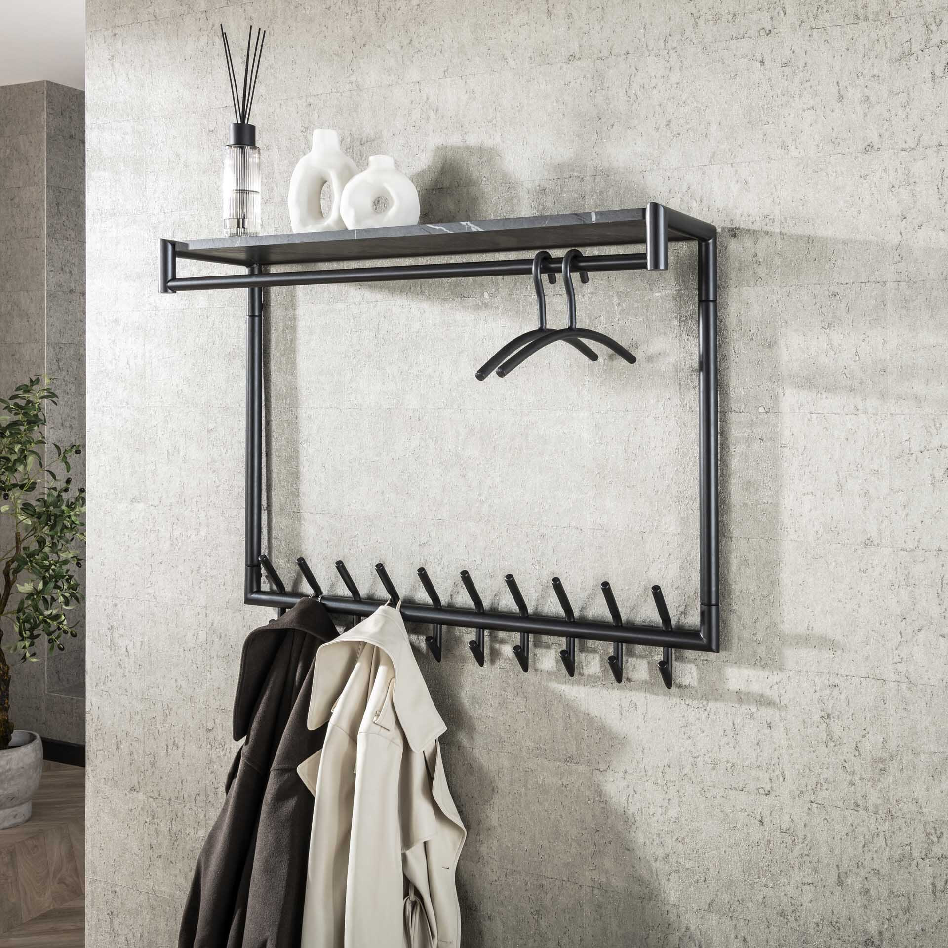 LifestyleFurn Kapstok Letica Met 20 haken en keramieklook plank - 3D zwart bruin