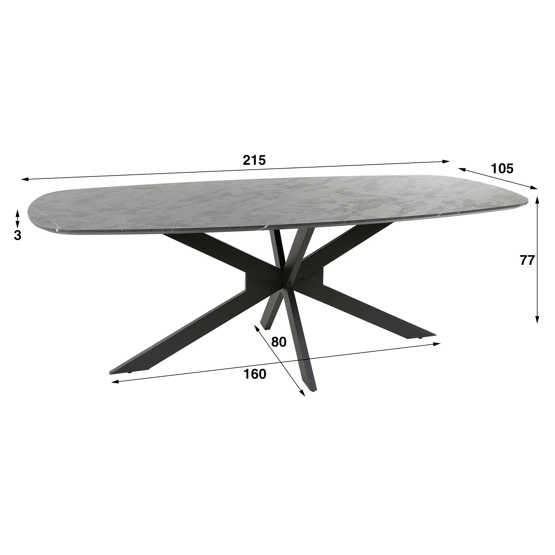 LifestyleFurn Eettafel 'Toria' Deens ovaal, Marmerlook, 215 x 105cm