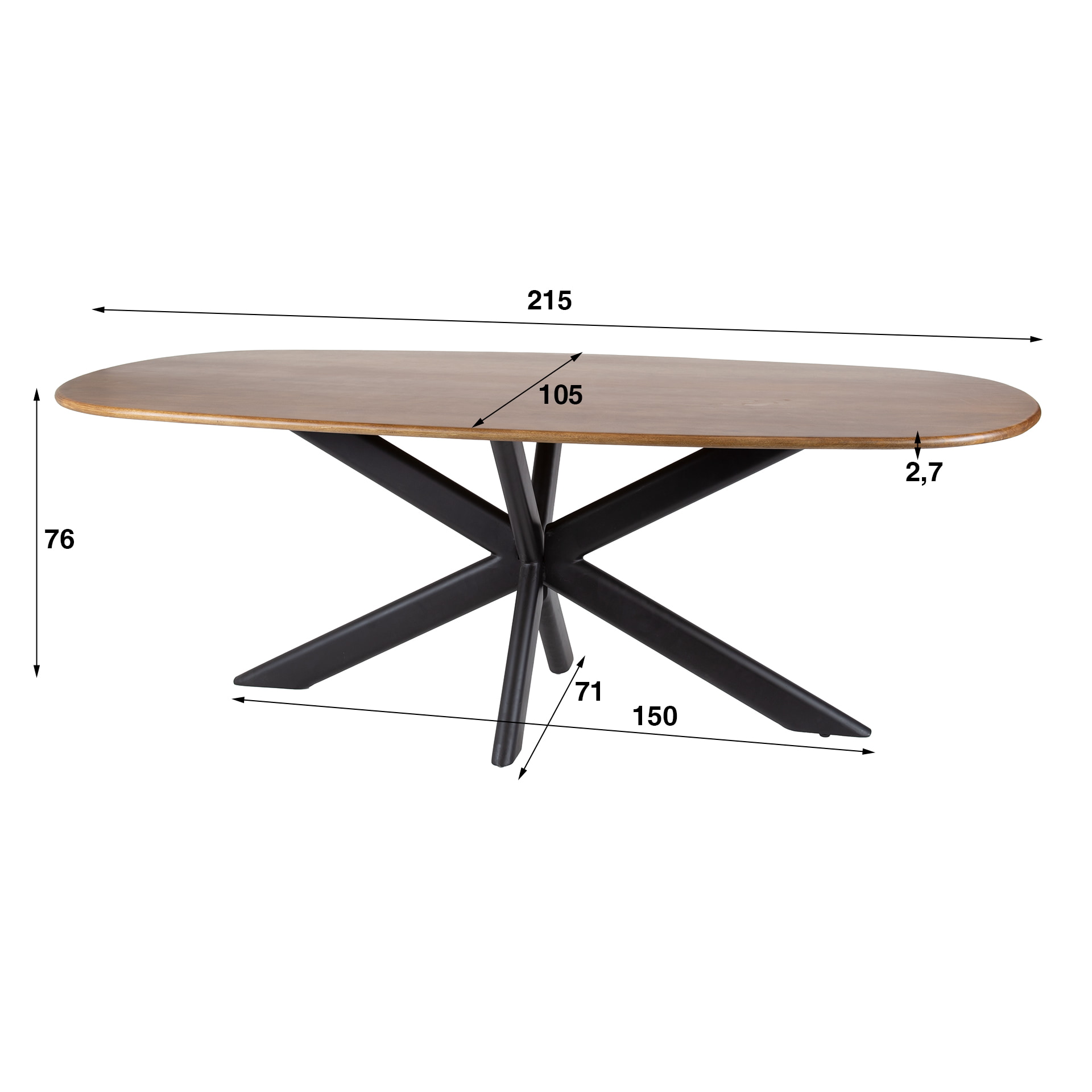 LifestyleFurn Deens Ovale Eettafel 'Syeda' Mangohout, 215 x 105cm