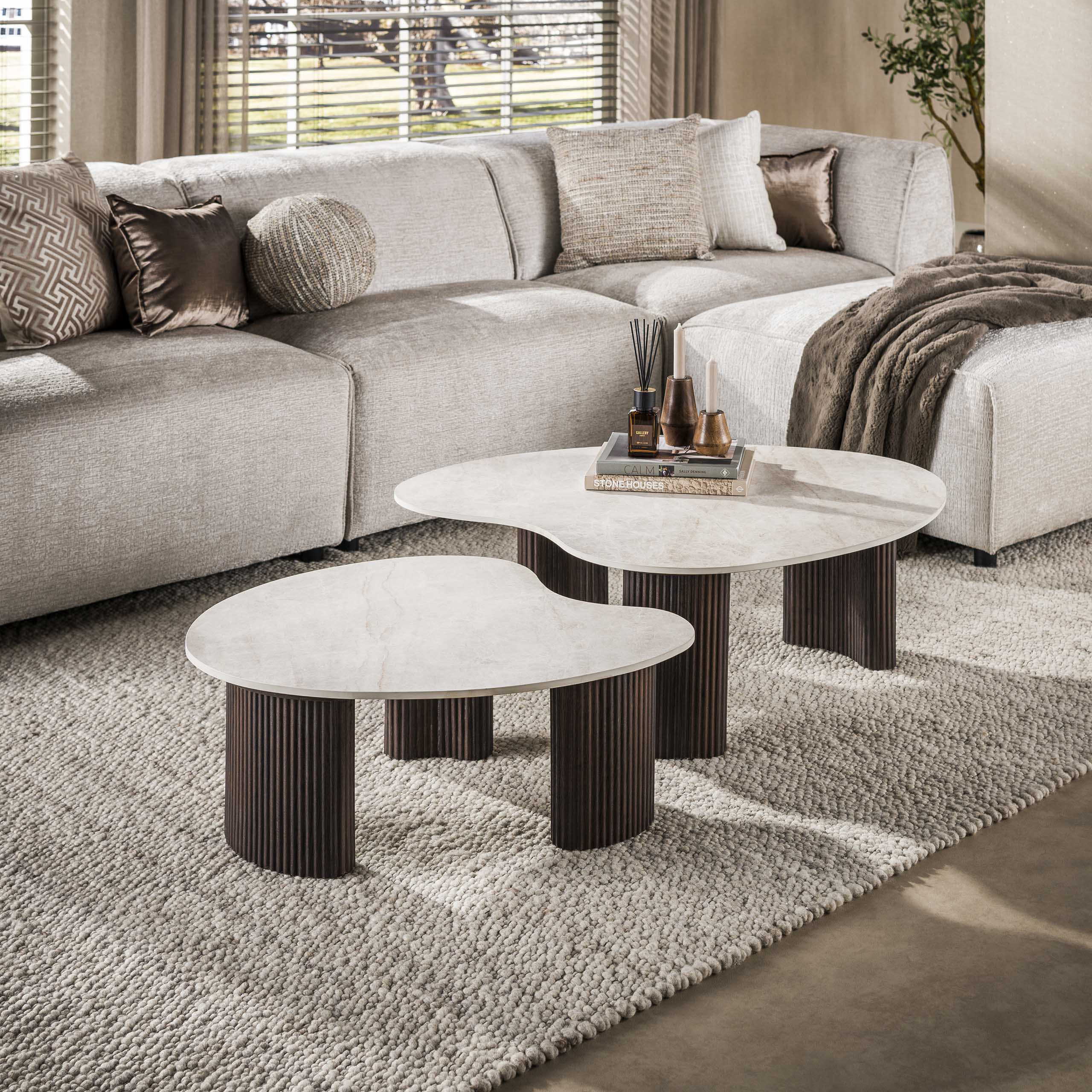 LifestyleFurn Organische Salontafel 'Akai' Keramiek in Taj Mahal-look, Set van 2 stuks