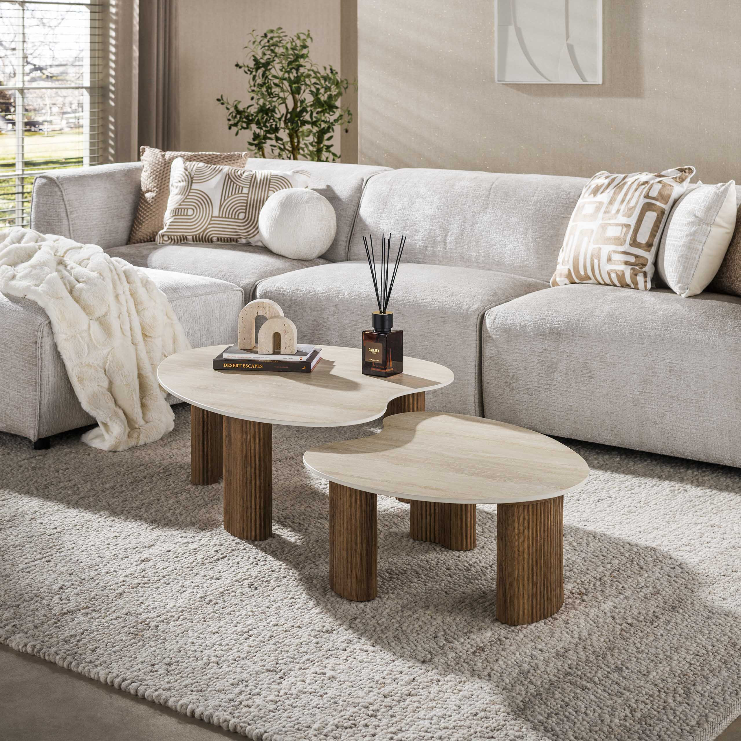 LifestyleFurn Organische Salontafel 'Akai' Keramiek in Travertinlook, Set van 2 stuks