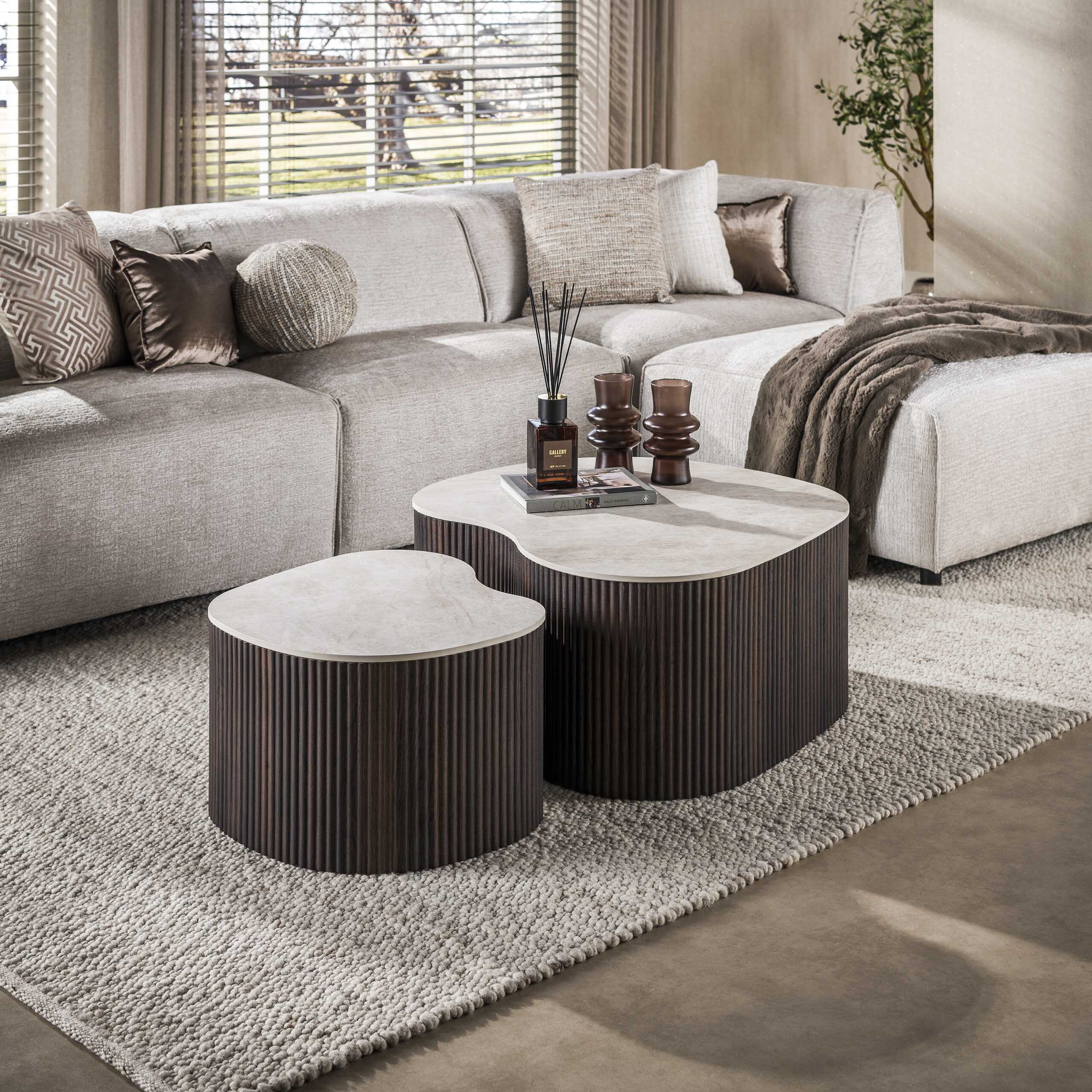 LifestyleFurn Organische Salontafel 'Akai' Keramiek in Taj Mahal-look, Set van 2 stuks