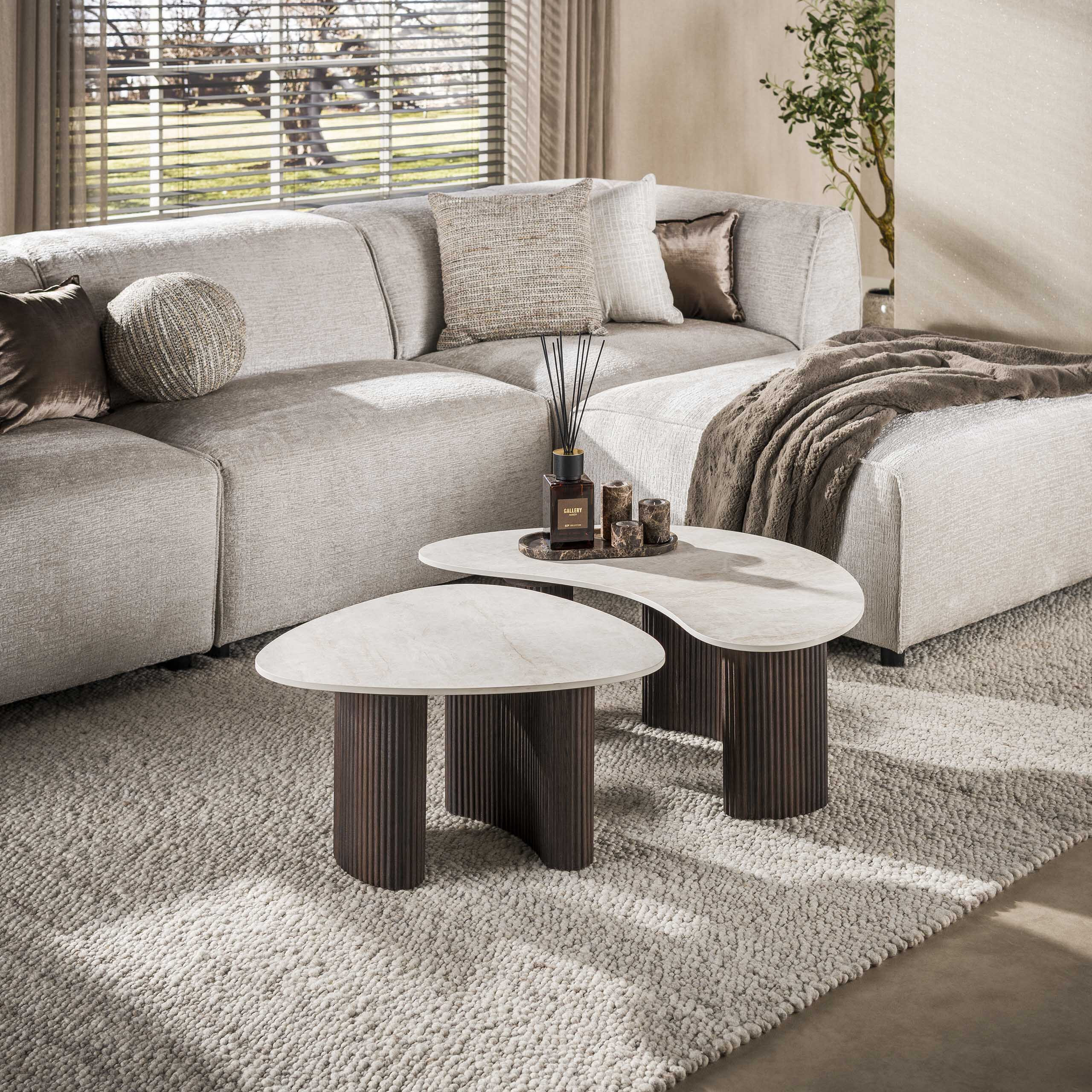 LifestyleFurn Organische Salontafel 'Akai' Keramiek in Taj Mahal-look, Set van 2 stuks