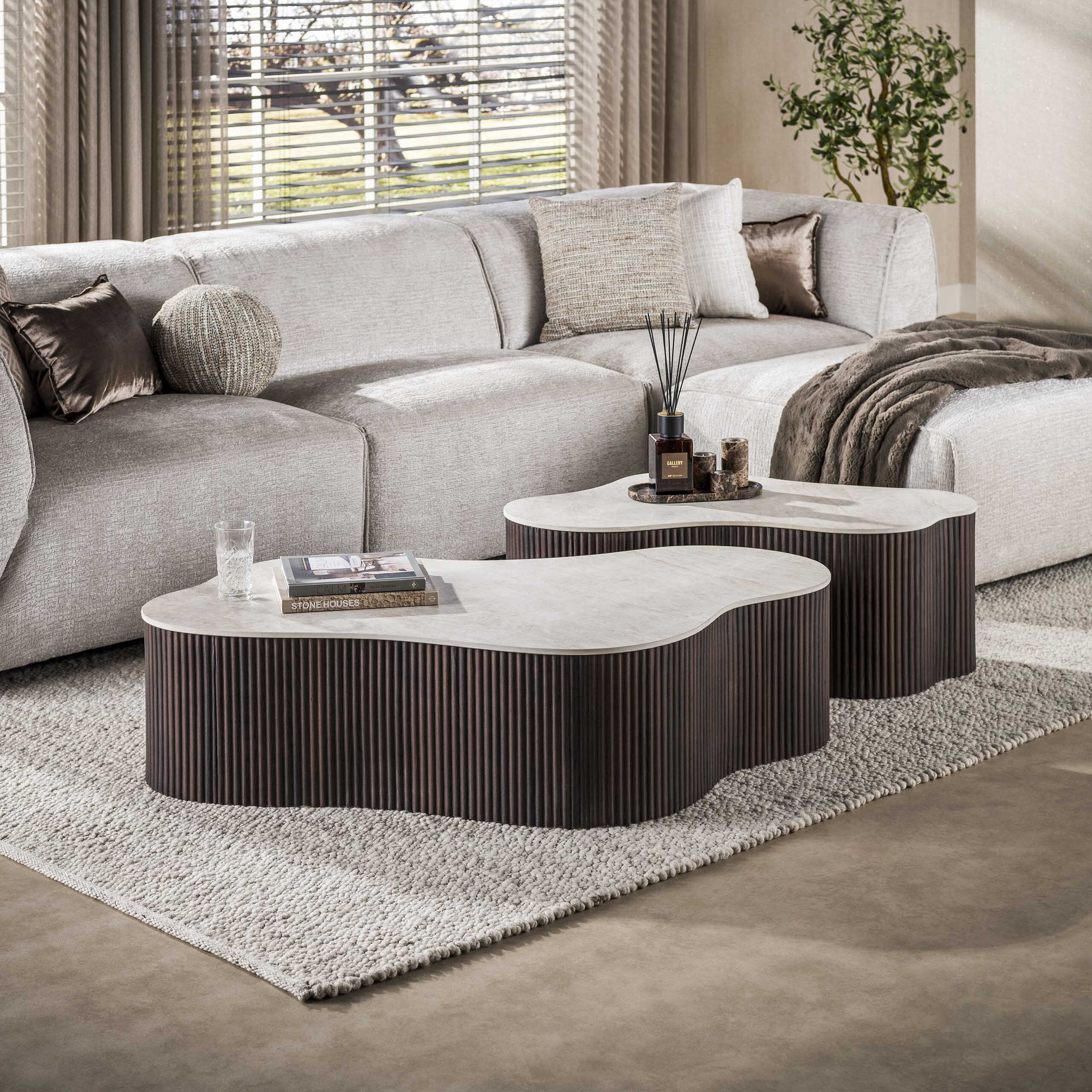 LifestyleFurn Organische Salontafel 'Akai' Keramiek in Taj Mahal-look, Set van 2 stuks