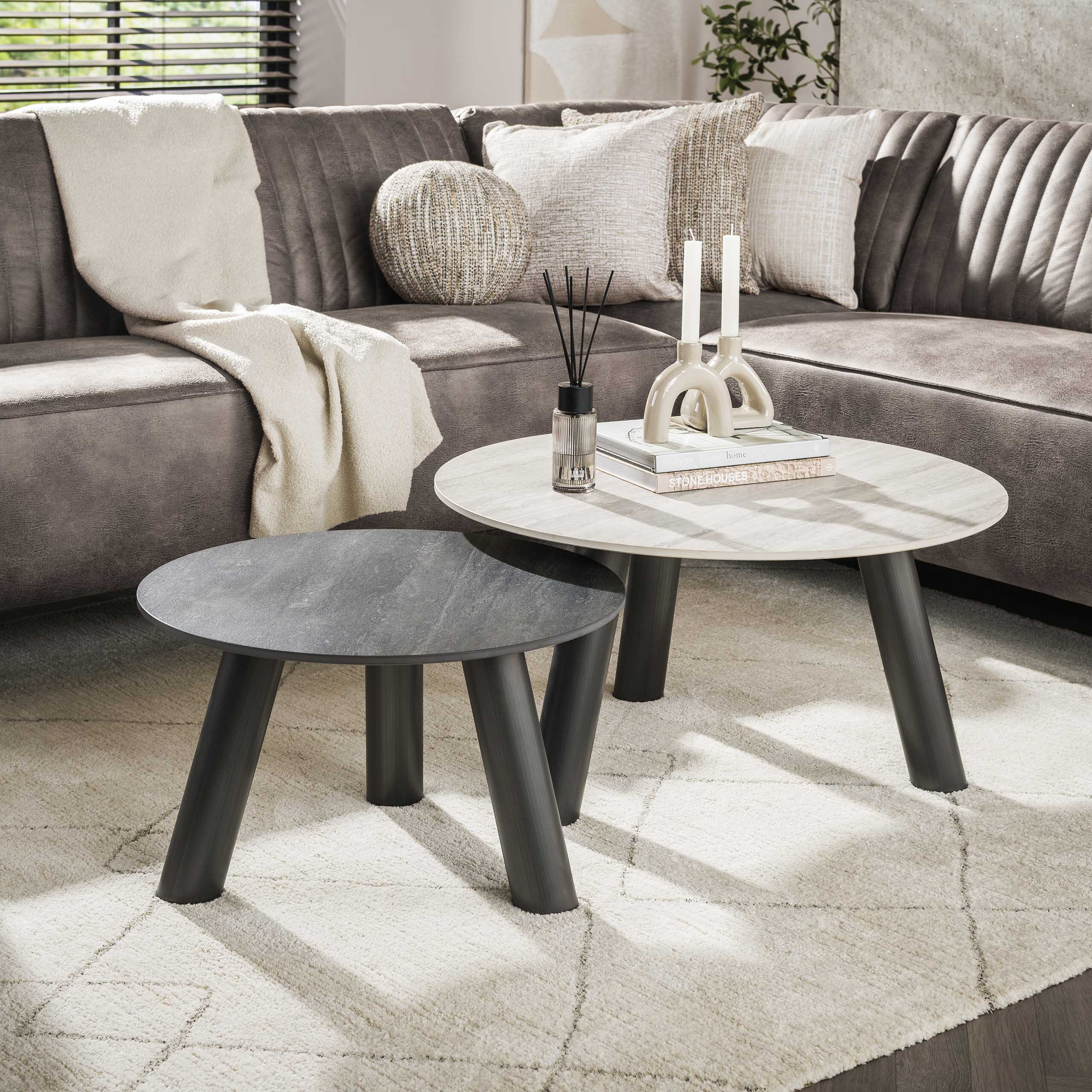 LifestyleFurn Ronde Salontafel 'Dallen' Keramiek met travertinlook, Set van 2 stuks