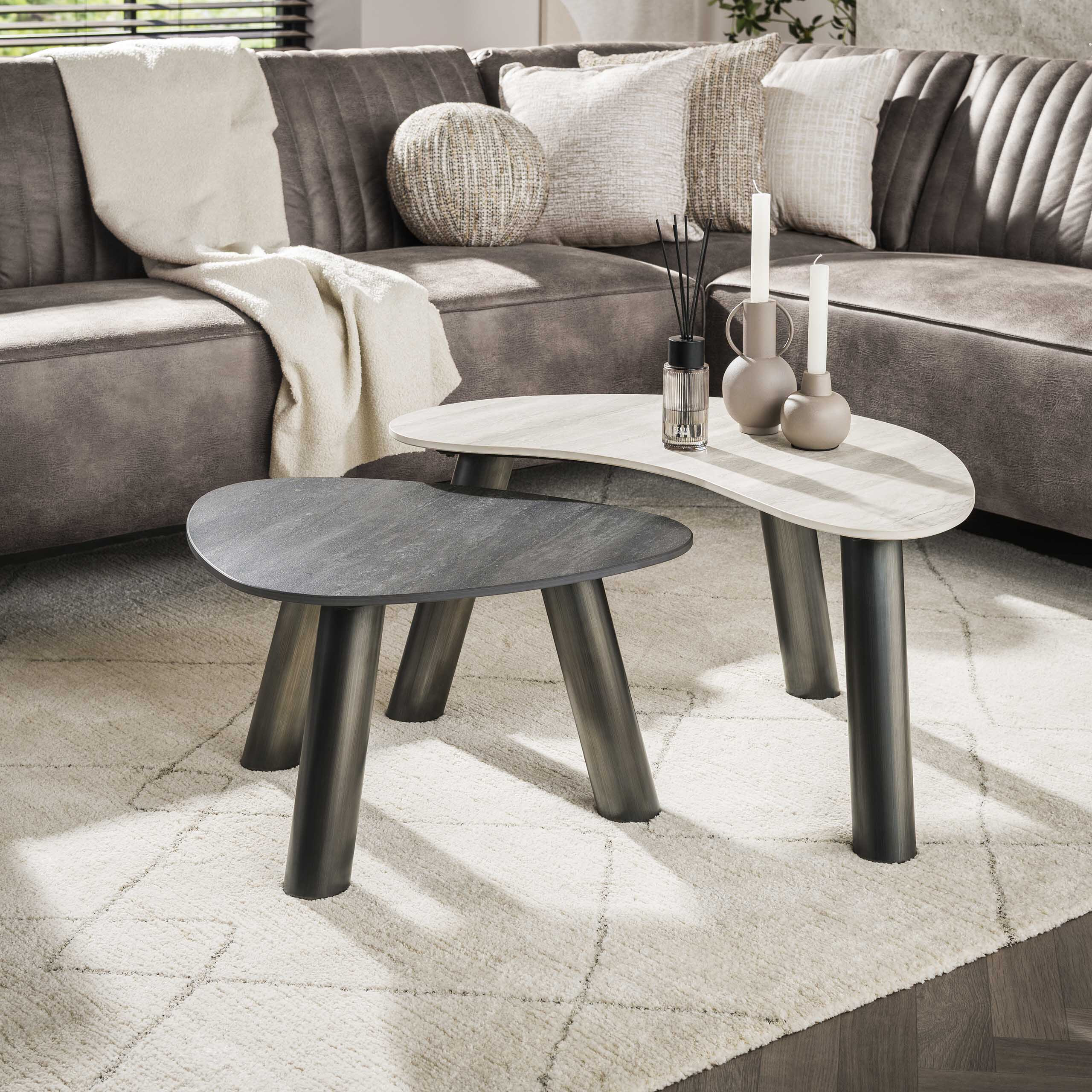 LifestyleFurn Organische Salontafel 'Dallen' Keramiek met travertinlook, Set van 2 stuks