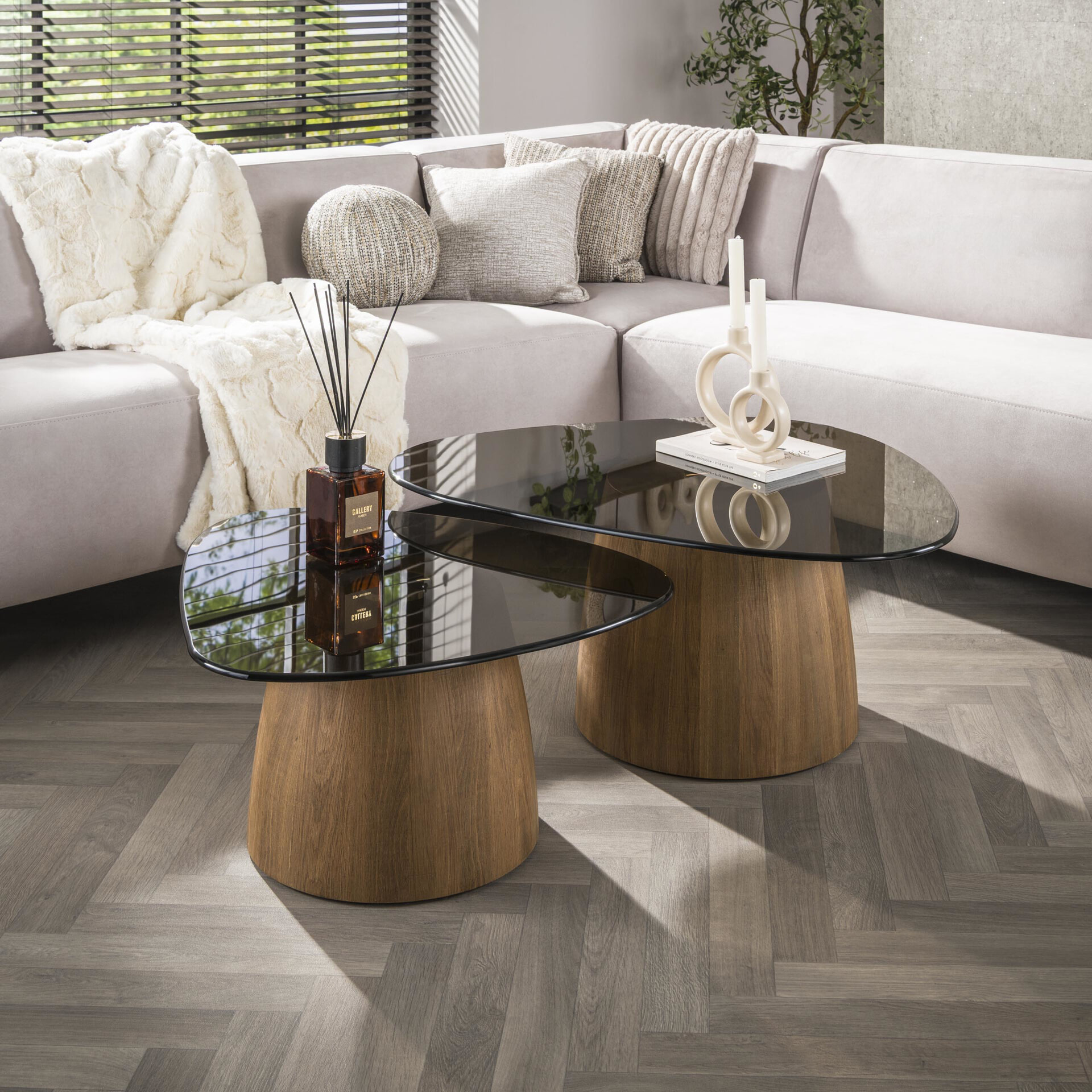 LifestyleFurn Organische Salontafel 'Kely' Driehoek, set van 2 stuks, Brons glas