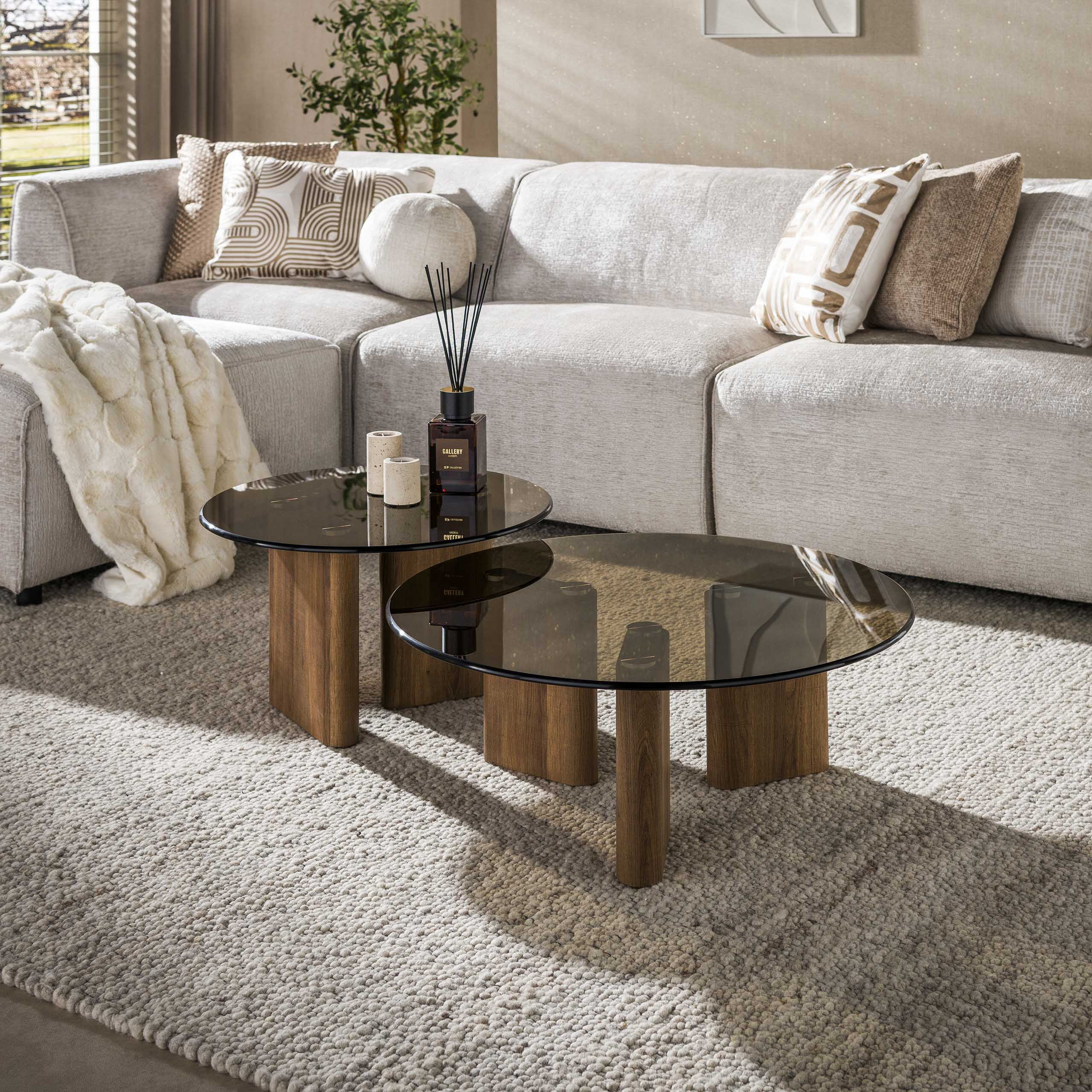 LifestyleFurn Ronde Salontafel 'Kely' Brons glas, Set van 2 stuks