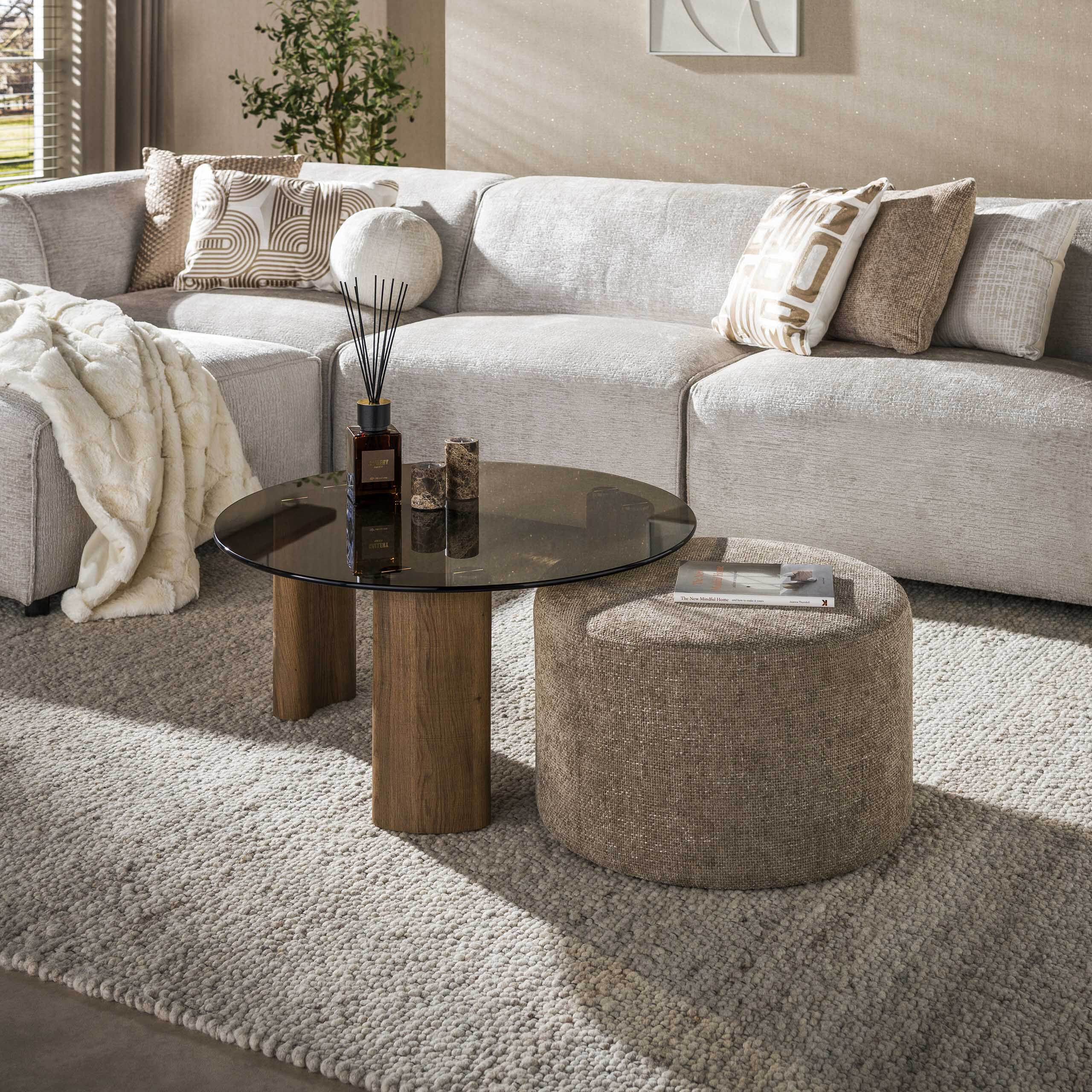 LifestyleFurn Ronde Salontafel 'Kely' Brons glas en chenille poef