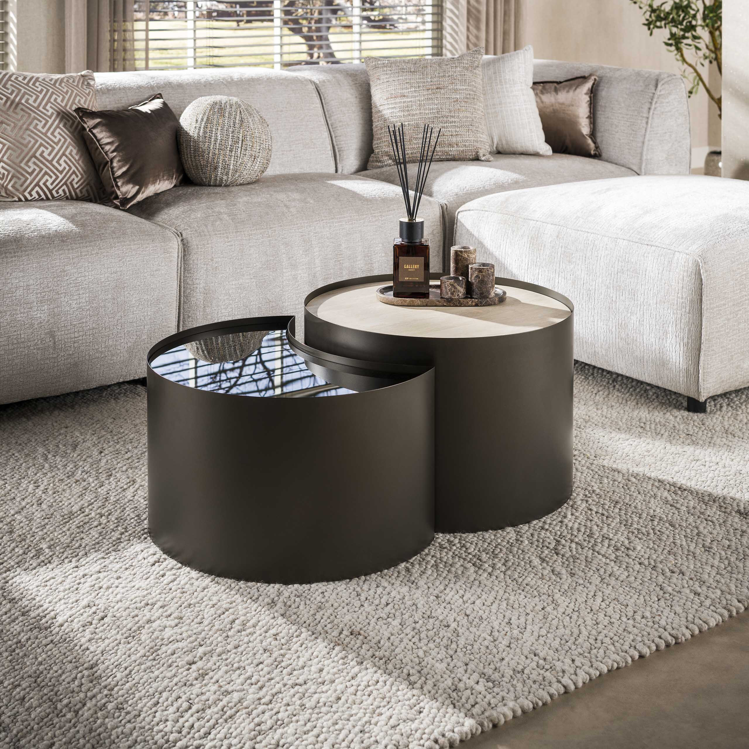 LifestyleFurn (Half)ronde Salontafel 'Kaity' Keramiek in Travertinlook en bruin glas, Set van 2 stuks