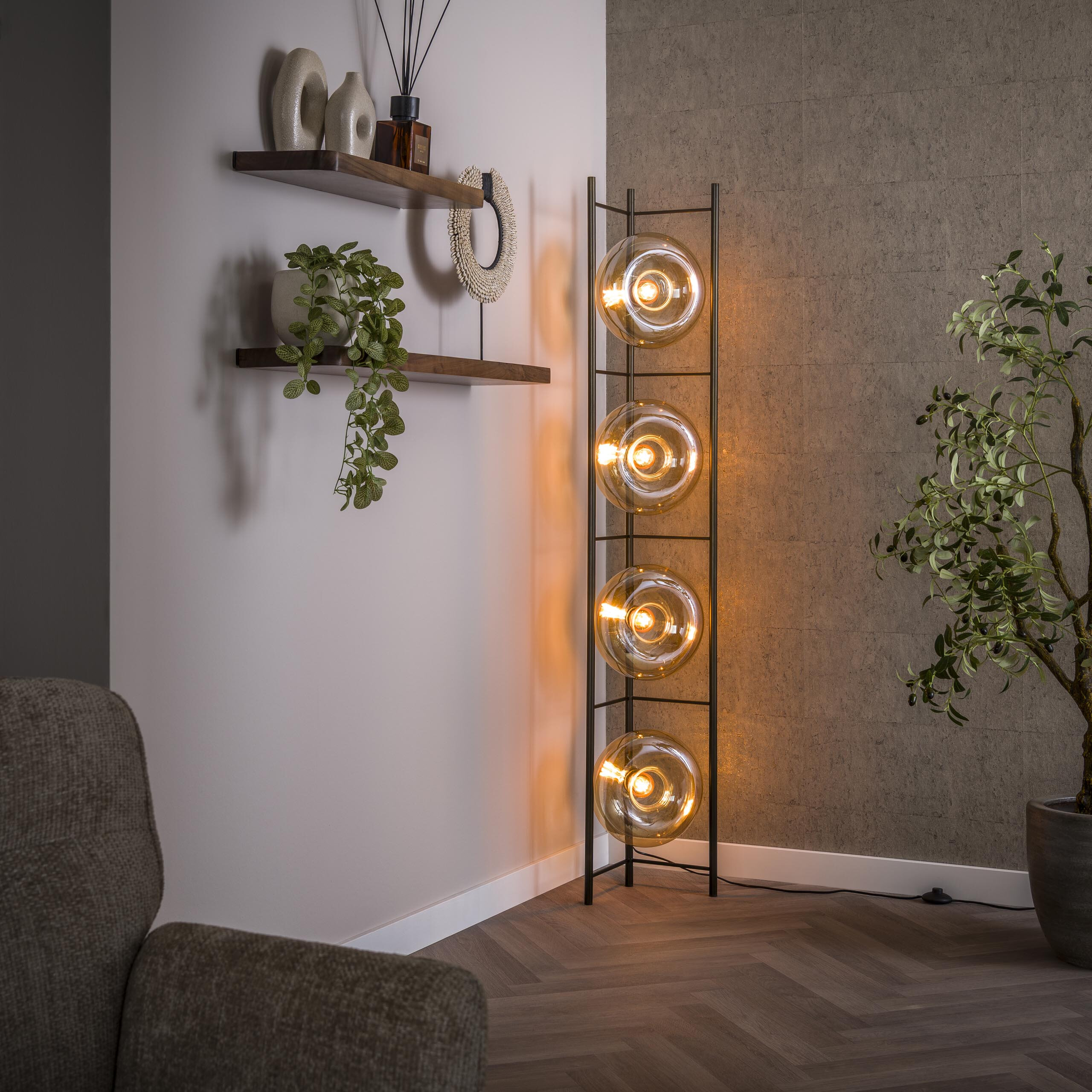 LifestyleFurn Vloerlamp 'Montrell' Amber glas, 4-lamps