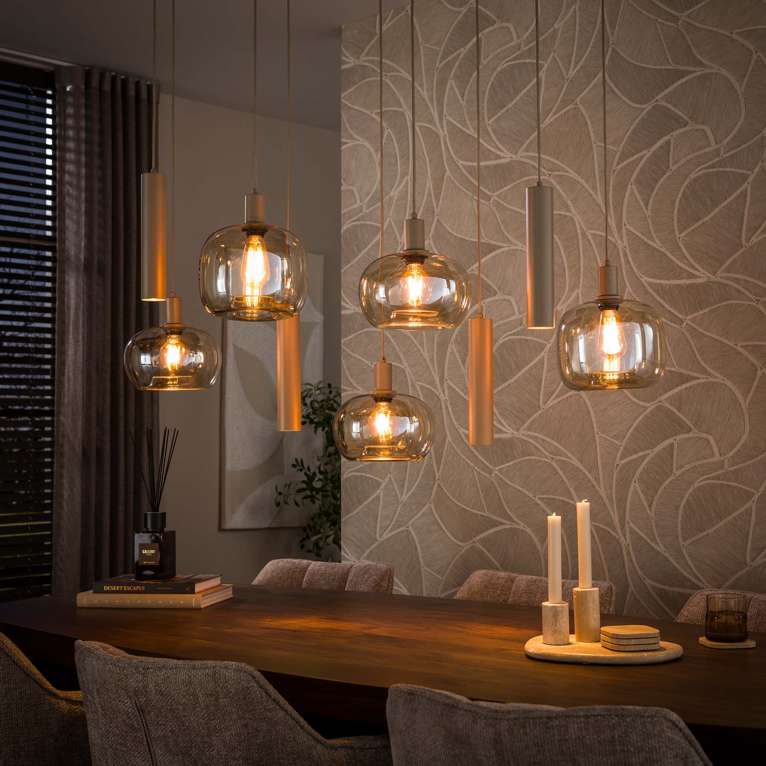 LifestyleFurn Hanglamp Faiga 5+4-lamps - Amber/Beige