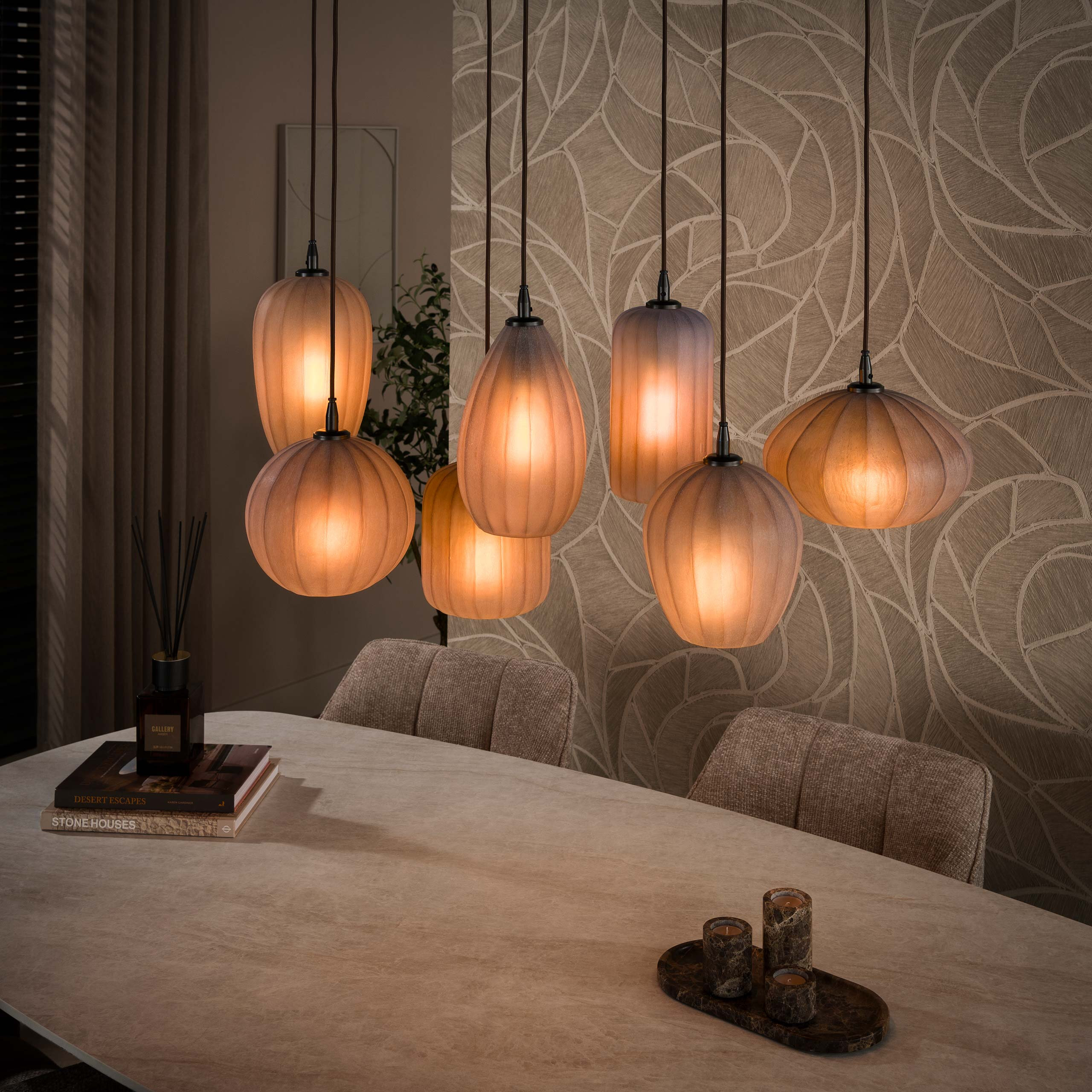LifestyleFurn Hanglamp 'Tamila' 4+3-lamps, kleur Sienna bruin frosted
