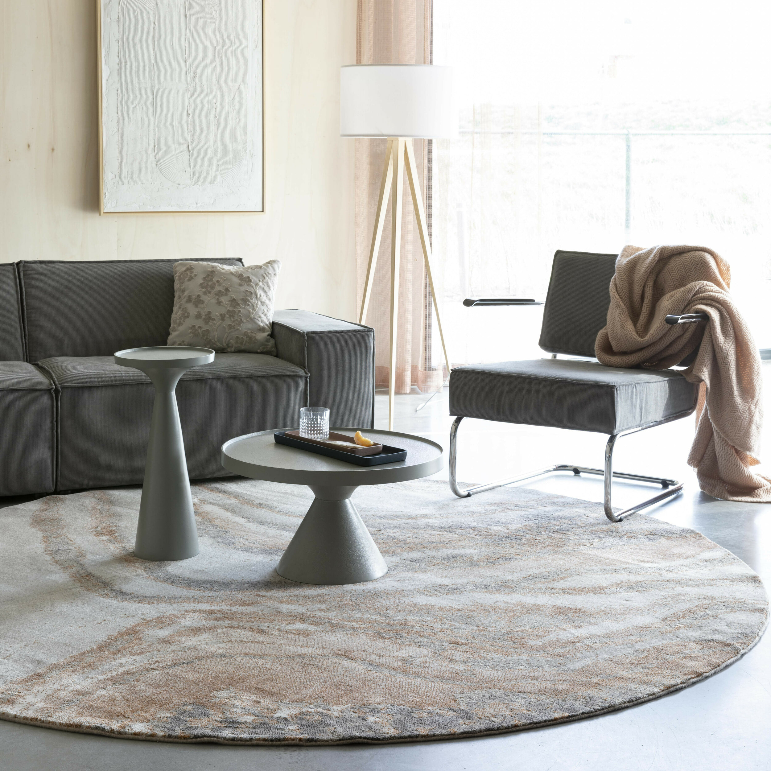 Zuiver Rond Vloerkleed 'Solar' 200cm, kleur Grijs/Bruin