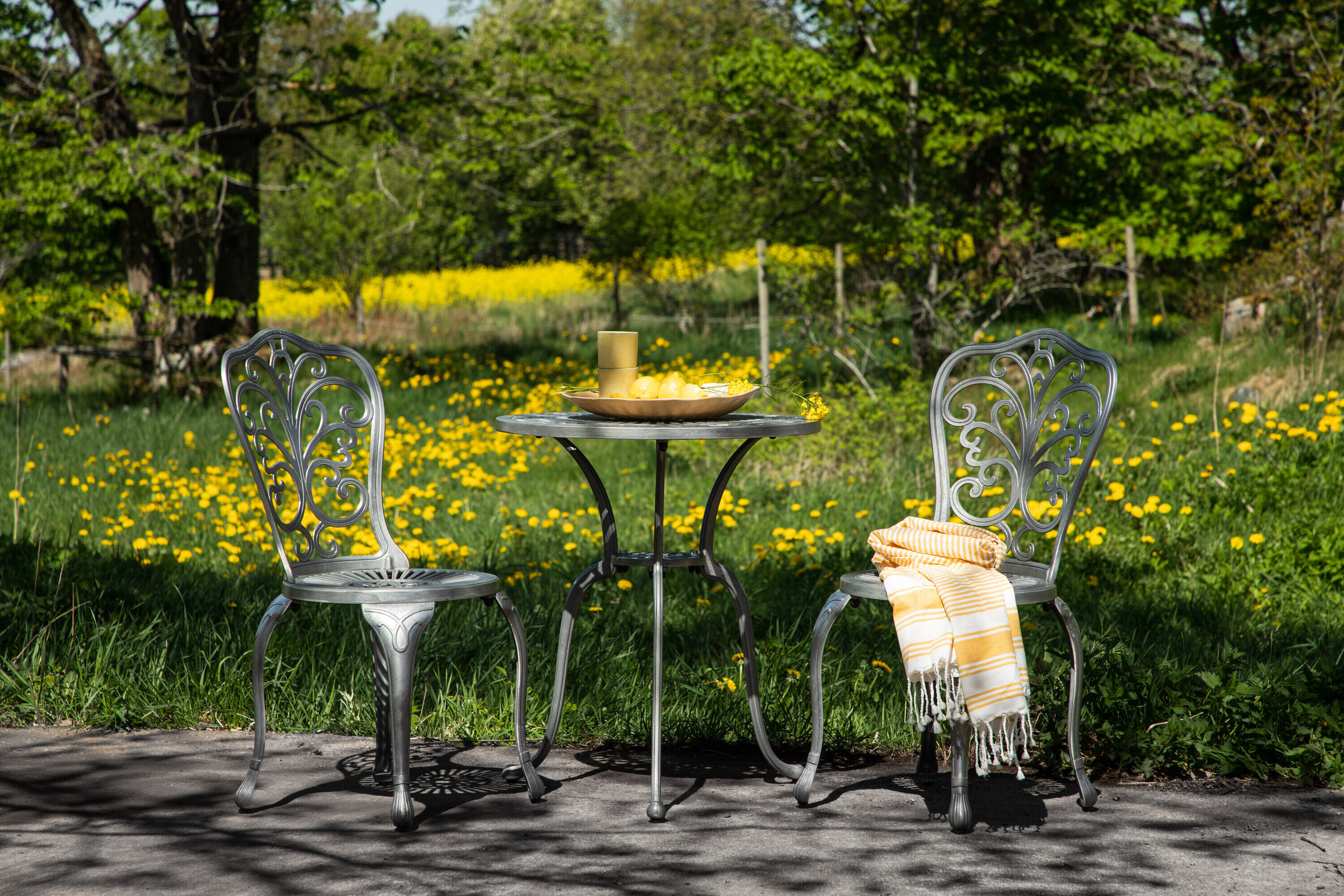 Nandin tuinmeubelset tafel, 2 stoelen zilverkleurig.