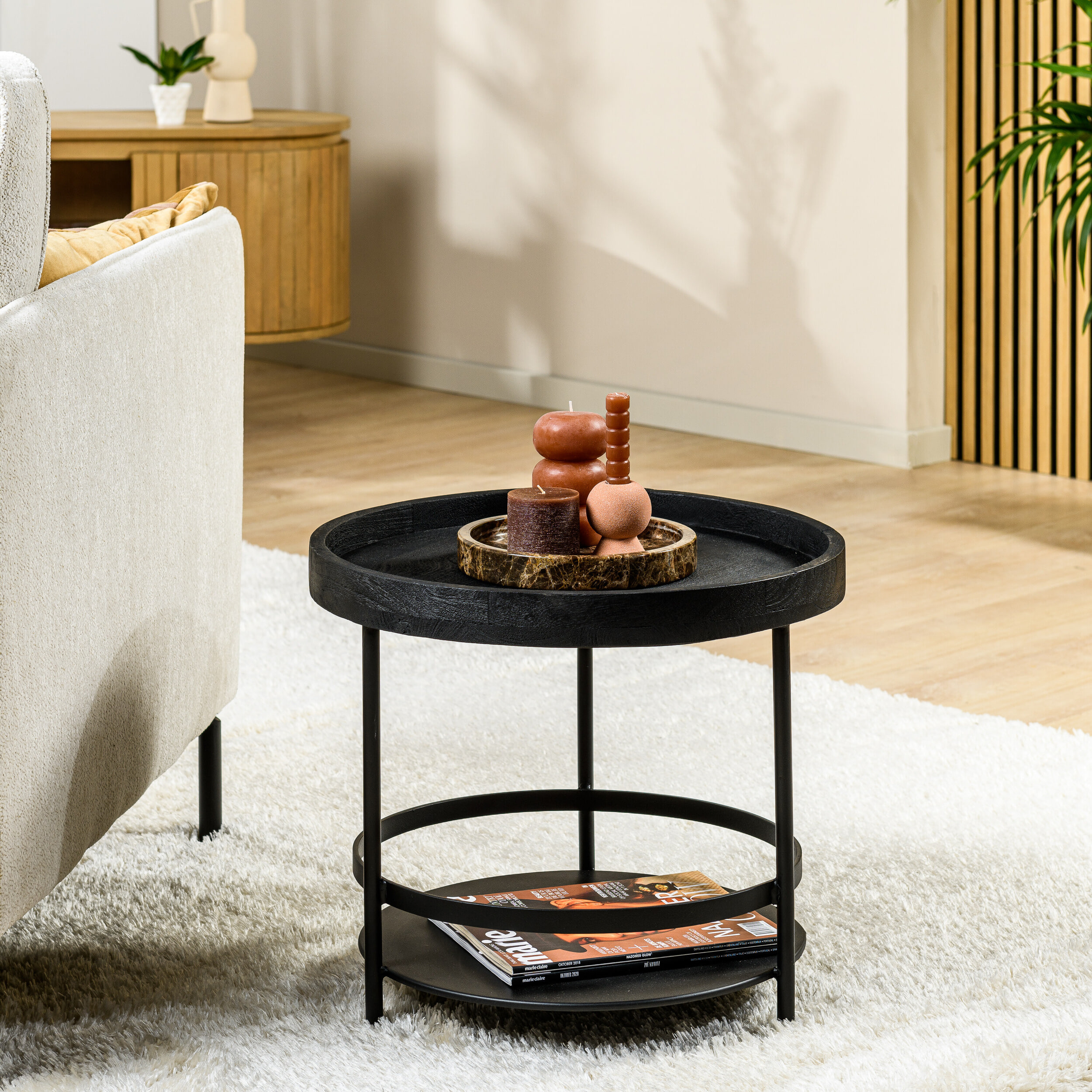 BASE Ronde Bijzettafel Tarry Mangohout, 50cm - Zwart